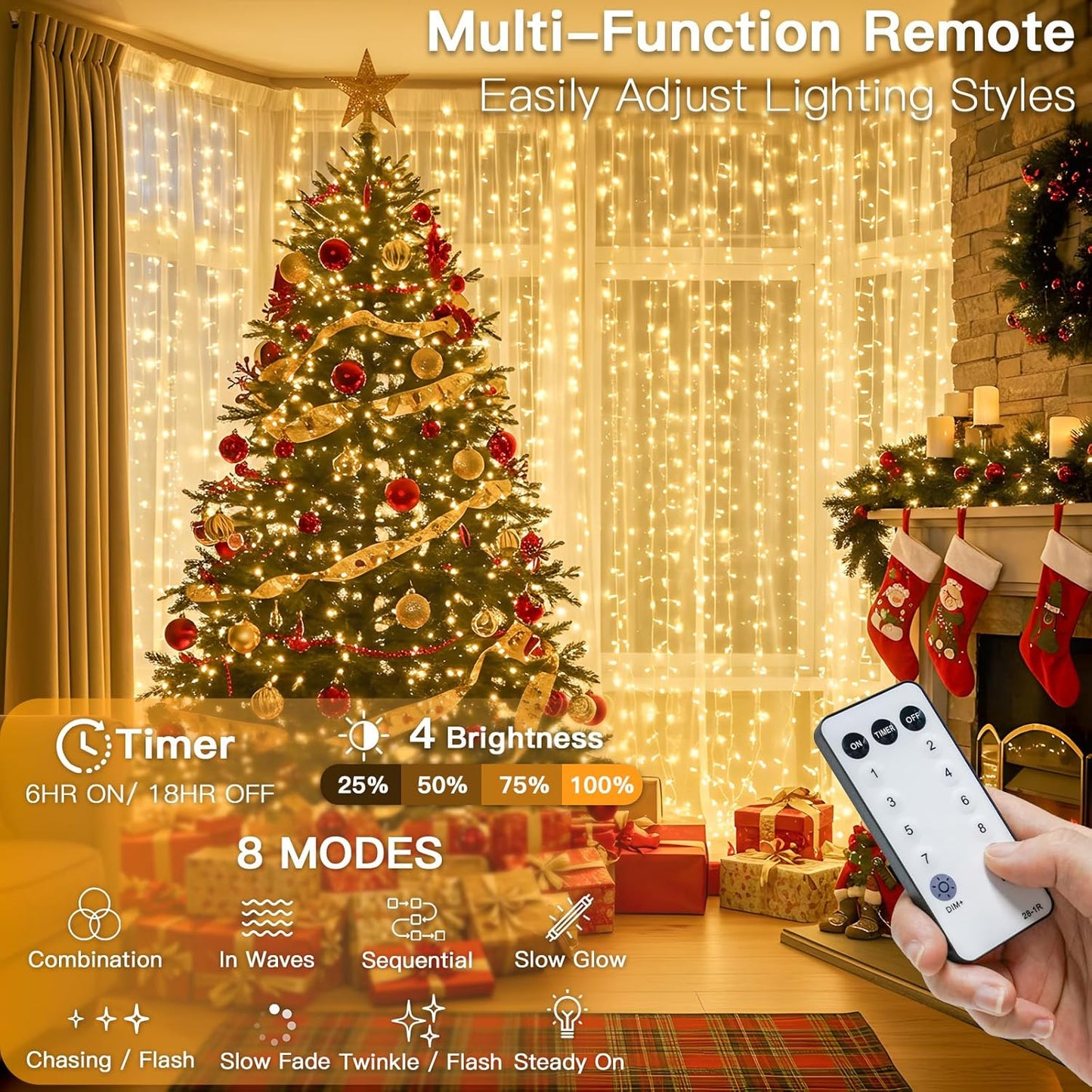 suddus 600 LED Christmas String Lights Outdoor, 9.8x19.6ft Curtain Light Plug in with Remote, 8 Modes Wall Hanging Lights for Christmas,Dorm,Wall,Window,Wedding,Party,Birthday Decor,Warm White