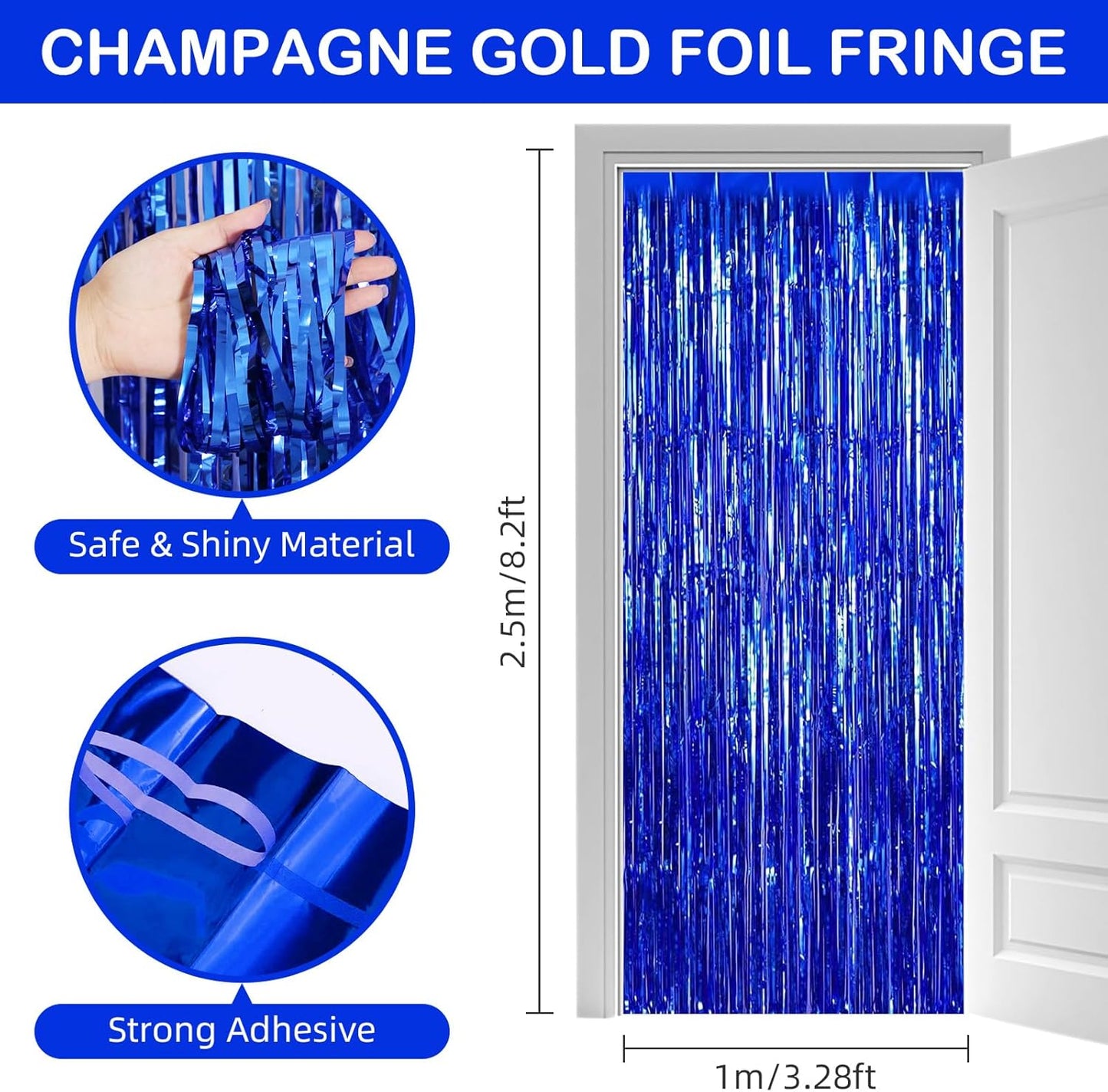 Blue Fringe Curtain Party Streamers, 12 Pack 3.3ft x 8.2 ft Foil Curtain Backdrop Tinsel Foil Fringe Curtains Photo Booth Backdrop Streamer for Birthday, Wedding, Baby Shower, Disco Party