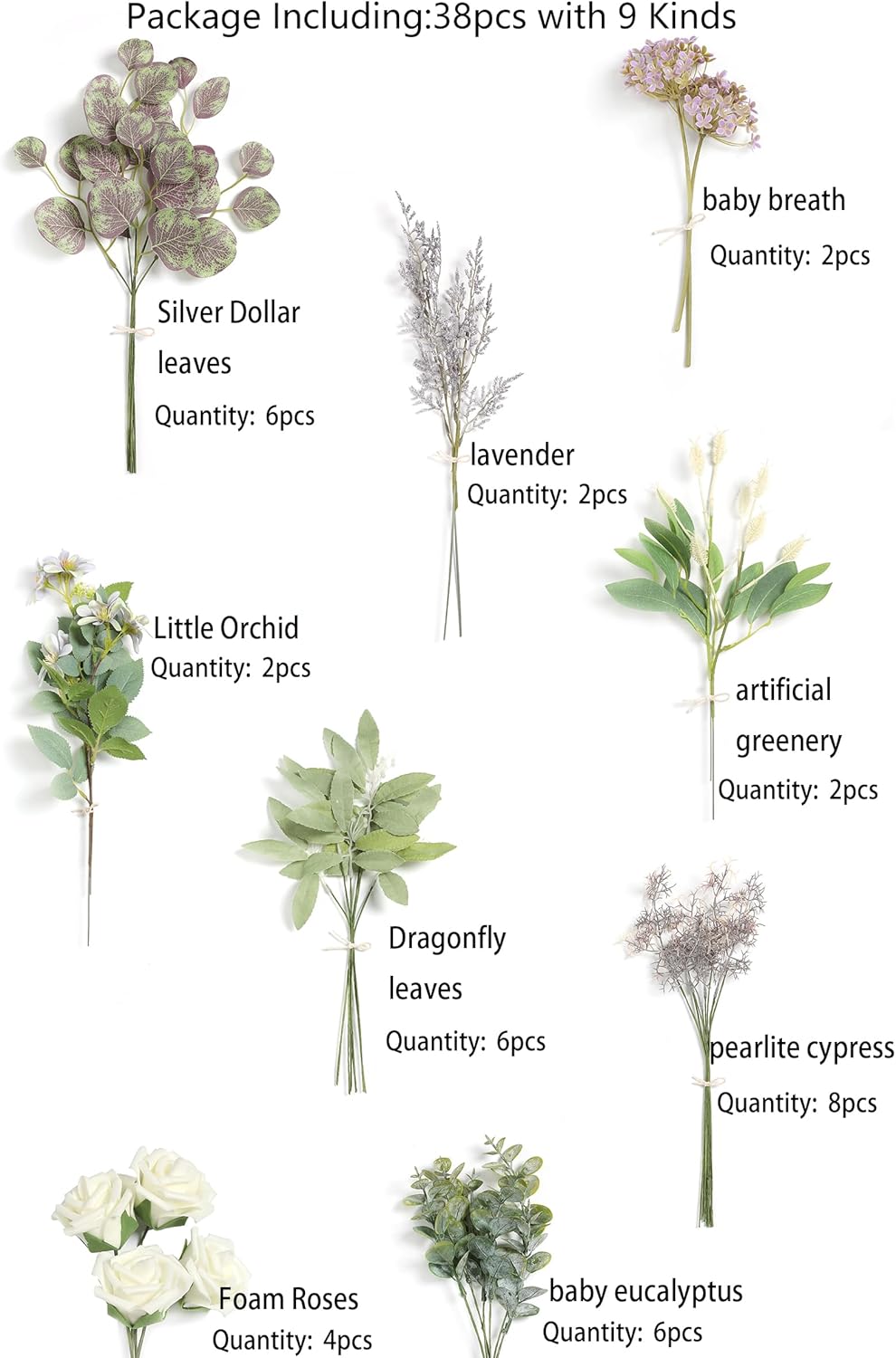 Serra Flora Artificial Greenery Spray Box Set(Pack of 38pcs) with 9 Kinds of DIY Wedding Bouquet Filler Table Centerpieces and Floral Arrangement (Lilac & Green)