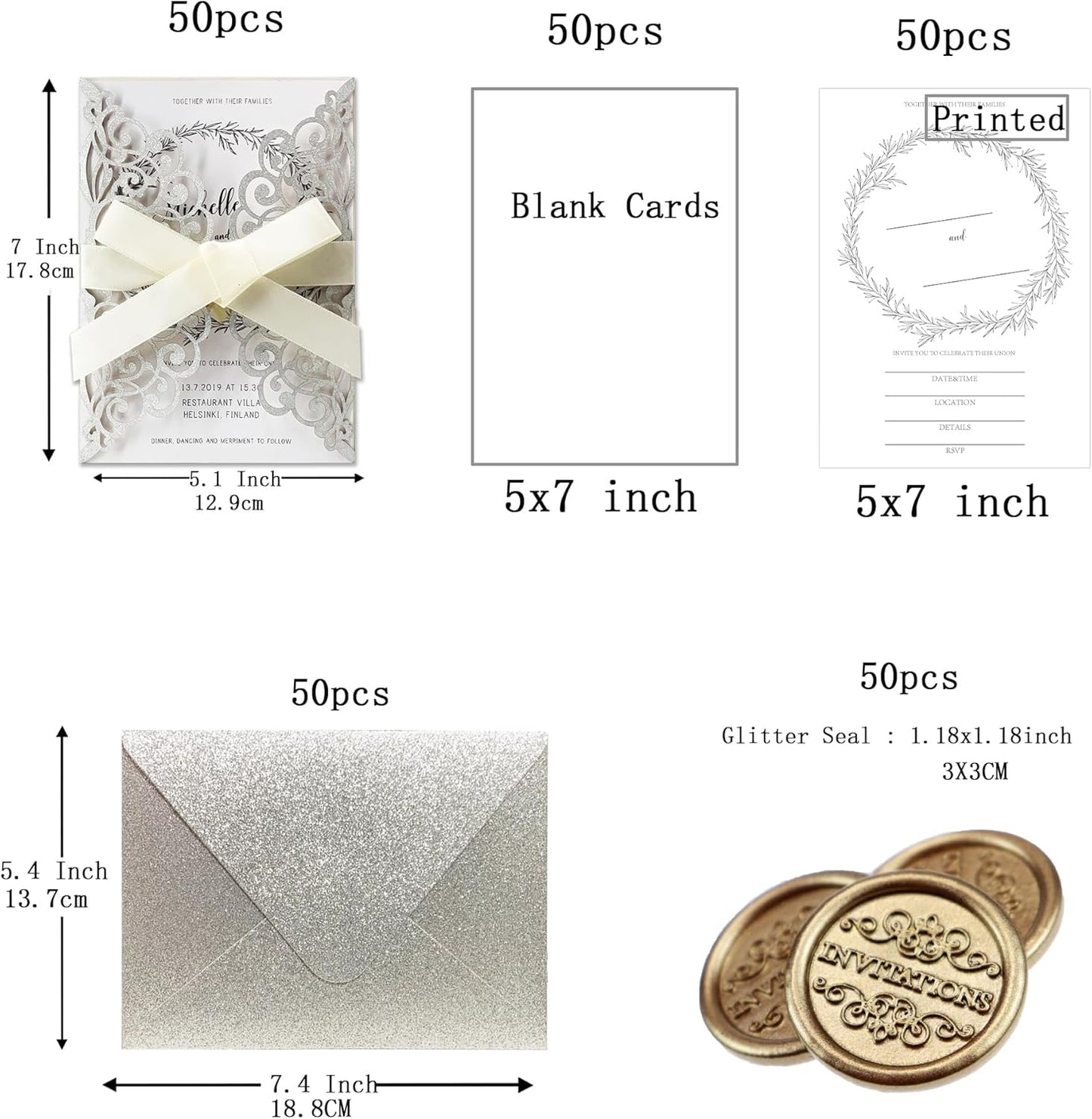 50Pcs Laser Cut Wedding Invitation With Glitter Envelopes And Ribbons Blank Personalized Card Invitaciones Para quinceañera Birthday Baby Shower Christmas Party Bridal Shower (Silver)