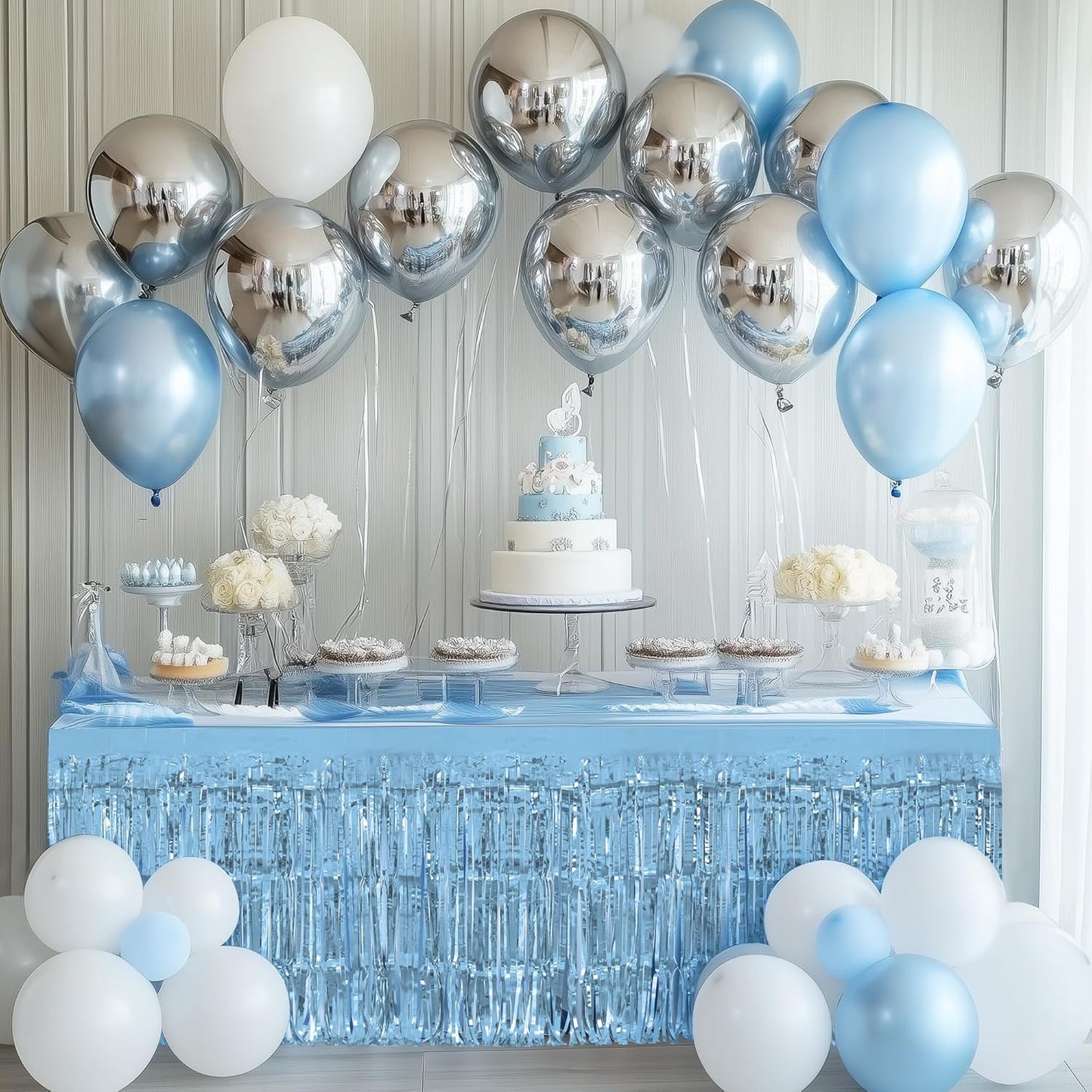 2 Pack Light Blue Table Skirts, 29x108" Metallic Foil Tinsel Fringe Table Skirts for Rectangle Tables Streamer Curtains Backdrop, Party Decorations for Birthdays Weddings Holidays