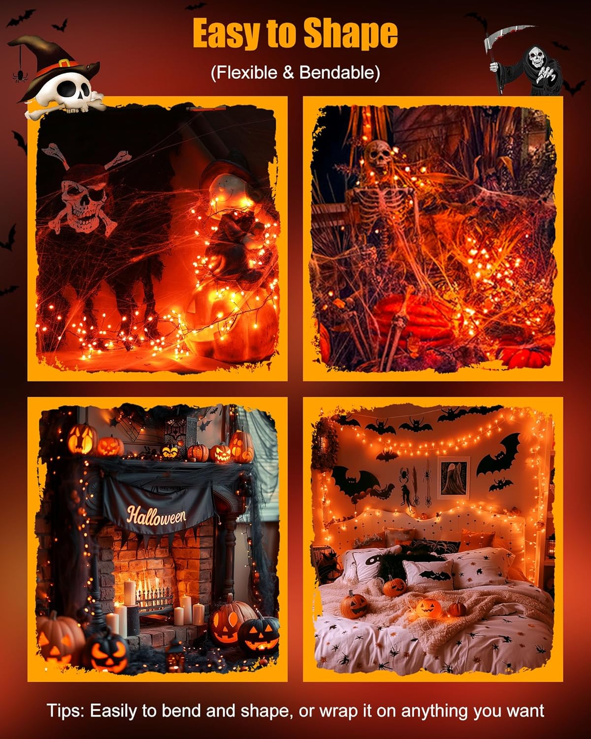 Minetom Fairy Lights Battery Operated, String Lights Waterproof Silver Wire 5 Feet 60 Led Firecracker Starry Lights for DIY Wreath Home Party Bedroom Mason Jar Indoor Halloween Decoration, Orange