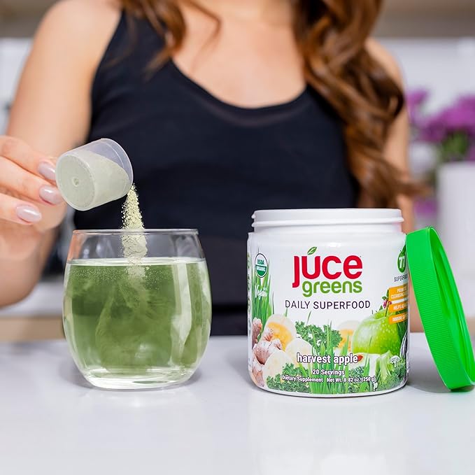 JUCE Green Superfood Powder, Organic Fruits and Veggies Supplement W/ 77 Superfoods Plus Prebiotic Probiotic Blend, Harvest Apple Flavor - 20 Servings (250 g)