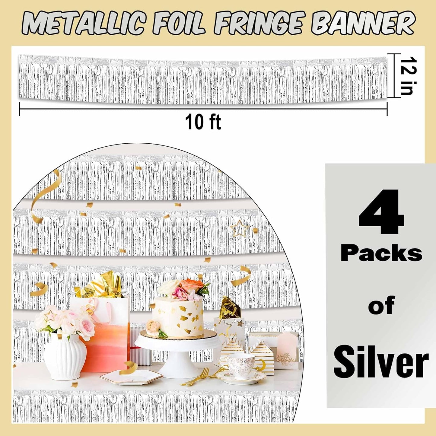 4 Pack 10 Ft Silver Foil Fringe Garland Metallic Streamers Tinsel Banner Wall Hanging Garland Backdrop for Parade Floats, Halloween, Christmas, Thanksgiving, New Year Party Decorations