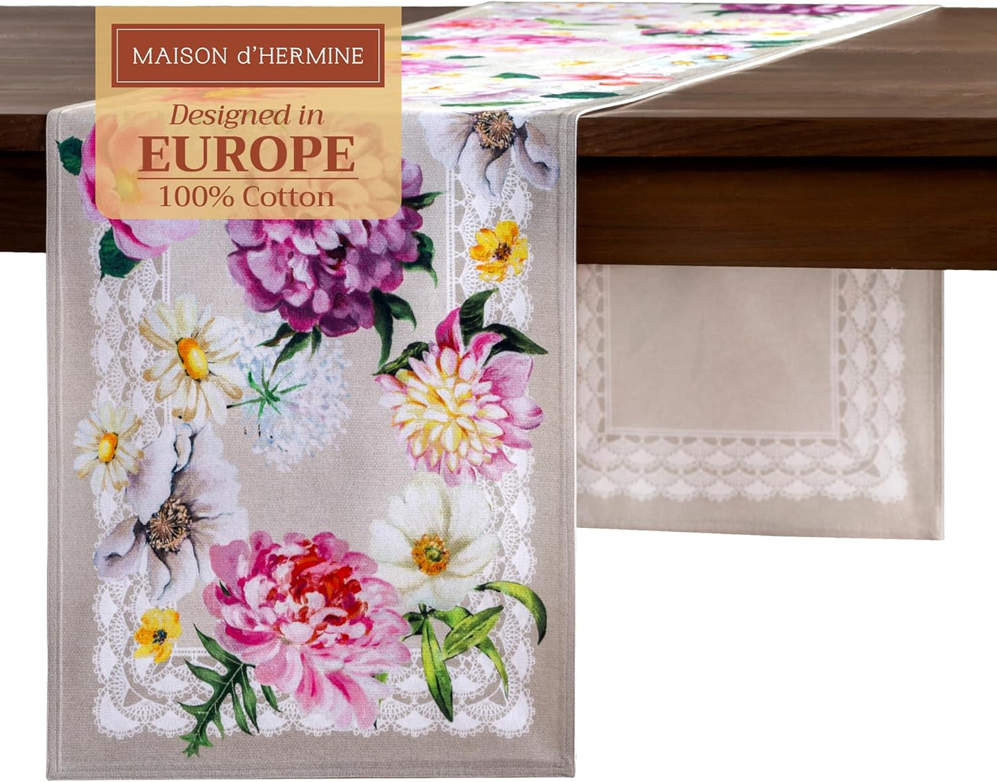 Maison d' Hermine Table Runner 100% Cotton Double Layer Table Runners 72 inches Long Decorative for Home Kitchen Dining Party Baby Shower Wedding Bridal Shower Spring Summer (Pivoine, 14.50" x 72")