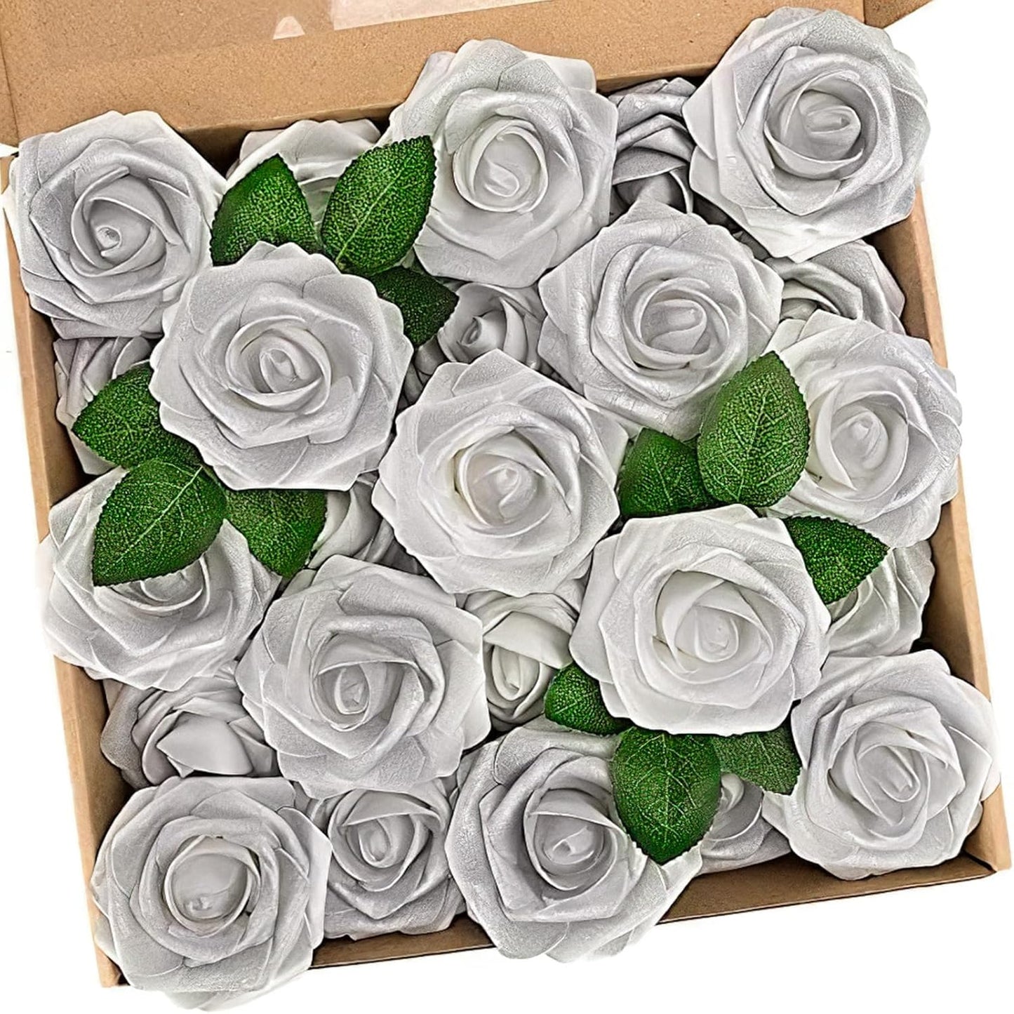 N&T NIETING Artificial Flowers, 25pcs Fake Flowers Roses with Stem for DIY Wedding Bouquets Centerpieces Bridal Shower Party Home Decoration, Silver White