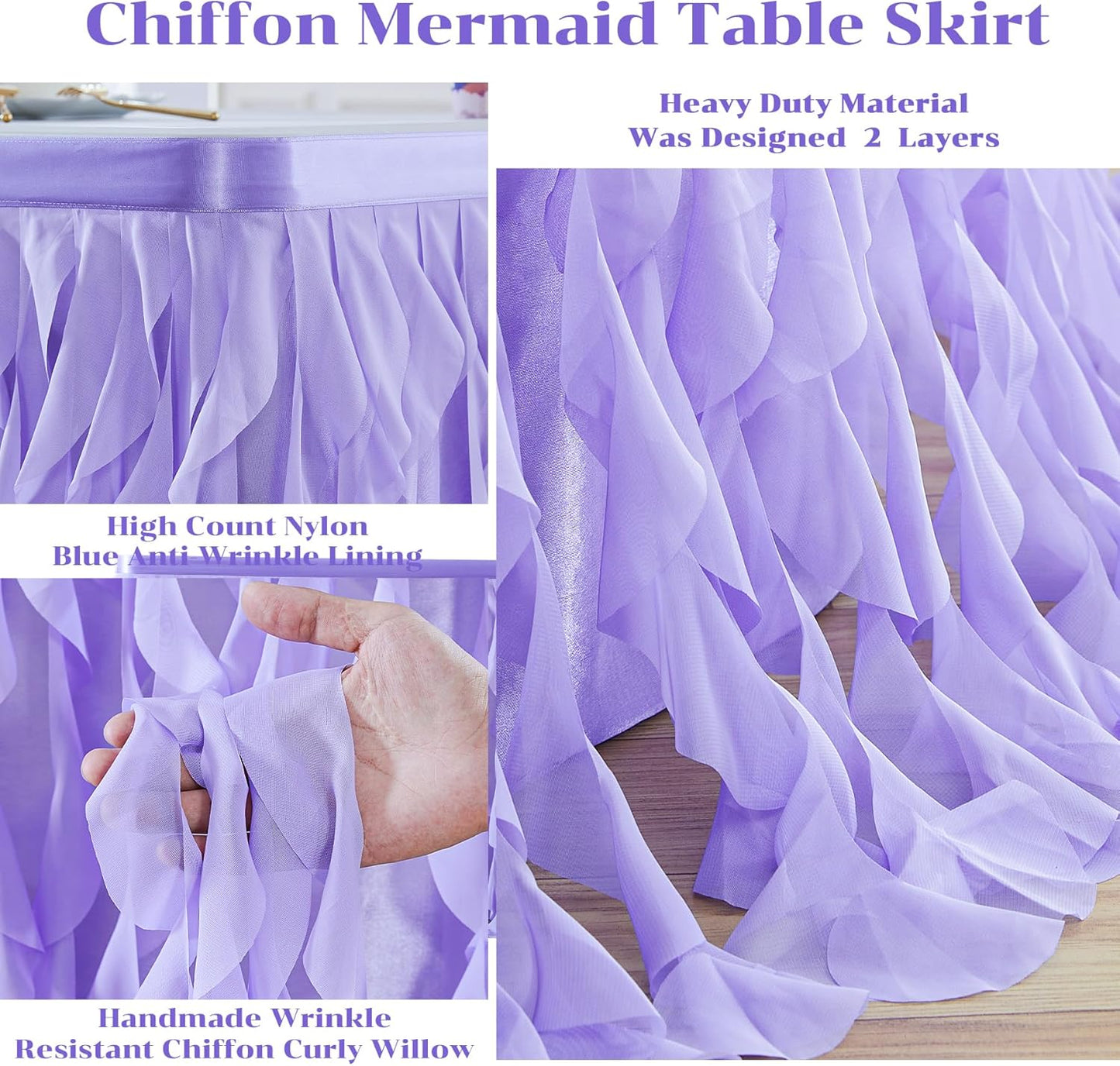 PARTISKY Lavender Purple Tulle Curly Willow Table Skirt for Rectangle Table 9ft, Ruffle Tutu Table Cloth for Girls Boys Baby Shower,Mermaid Birthday Party