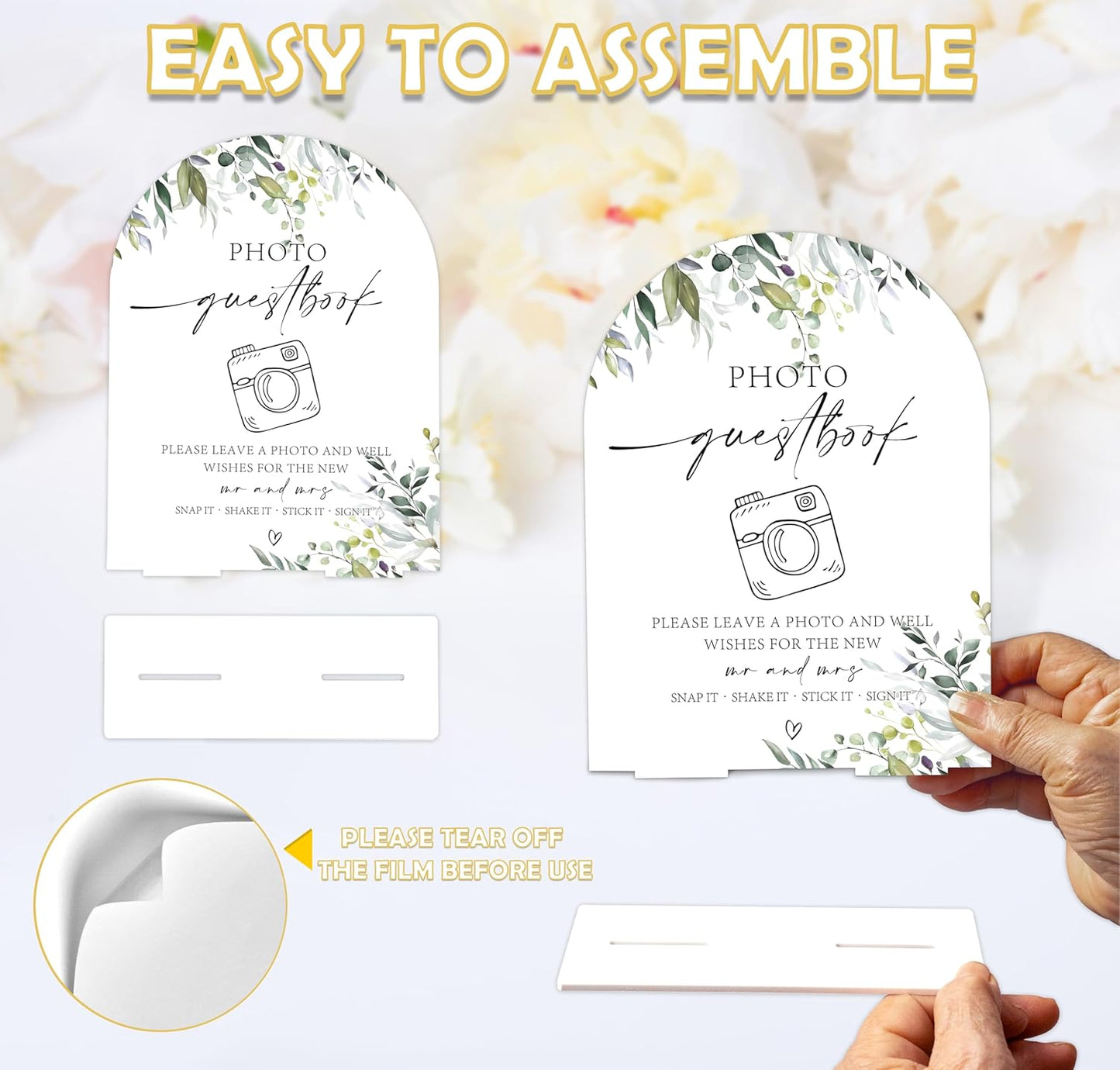 Greenery Photo Guestbook Sign, 6 x 8 Inch White Arch Acrylic Wedding Sign with Holder, Wedding Sign for Ceremony and Reception, Wedding Decoration, Wedding Supplies - LY06