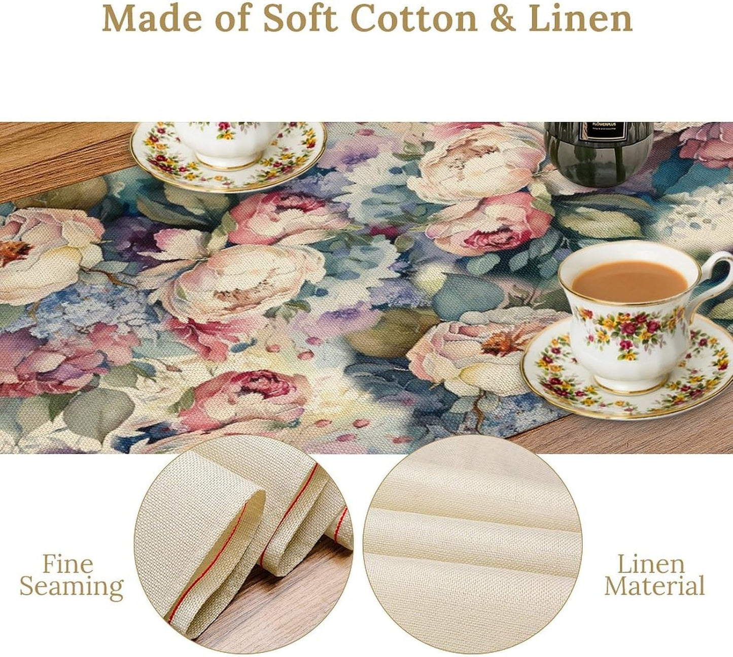 Vintage Floral Table Runner,Girls Women Rose Romantic Leaf Botanical Watercolor Pattern Print Burlap for Hotel Indoors Outdoor Dining Room Kitchen Holiday Party, 13x80in