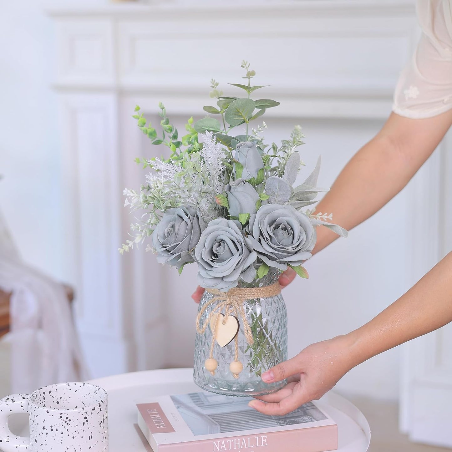 Faux Flowers with Vase,Artificial Silk Roses in Vase, Fake Plant Eucalyptus Flower Arrangement for Home Office Farmhouse Bathroom Dining Table Centerpiece Decorations Coffee Table Decor (Grey Blue)