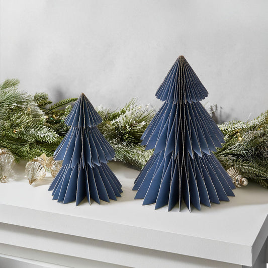 LampLust Winter Ornaments, 2 Pack Dusty Blue Honeycomb Paper Trees, 6 & 8 in, Blue Winter Wonderland Decorations, Table Centerpieces Decorations for Home Mantel Decor