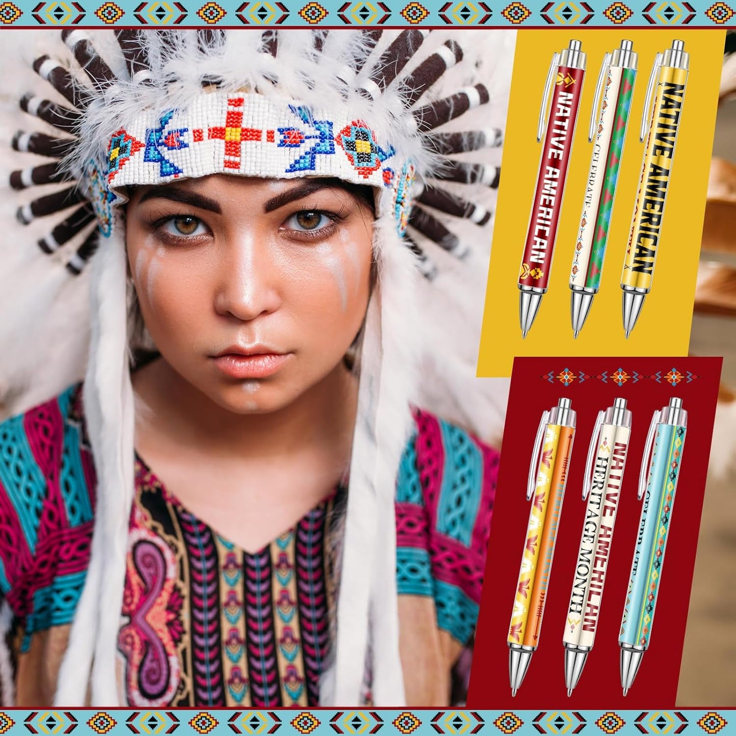 24 Pcs Native American Heritage Month Appreciation Gifts Pens Native American Ballpoint Pen Thank You Work Pen Birthday Gifts for Native American Men Women Retired, 6 Styles