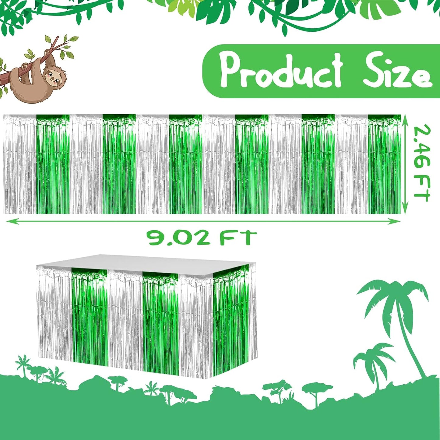 4 Pack 29x108 Inch Metallic Foil Fringe Tinsel Table Skirts for Rectangle Tables Streamer Backdrop for Wedding, Birthday, Parade Floats, Christmas, Halloween Party Decoration(Silver Green)