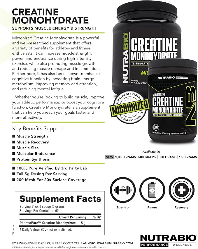 NutraBio Pure Micronized Creatine Monohydrate Powder Supplement, Unflavored, (1000 g) - Supports Bulk Muscle Energy, Recovery, and Strength - HPLC Tested Creatine Powder Supplement for Men and Women
