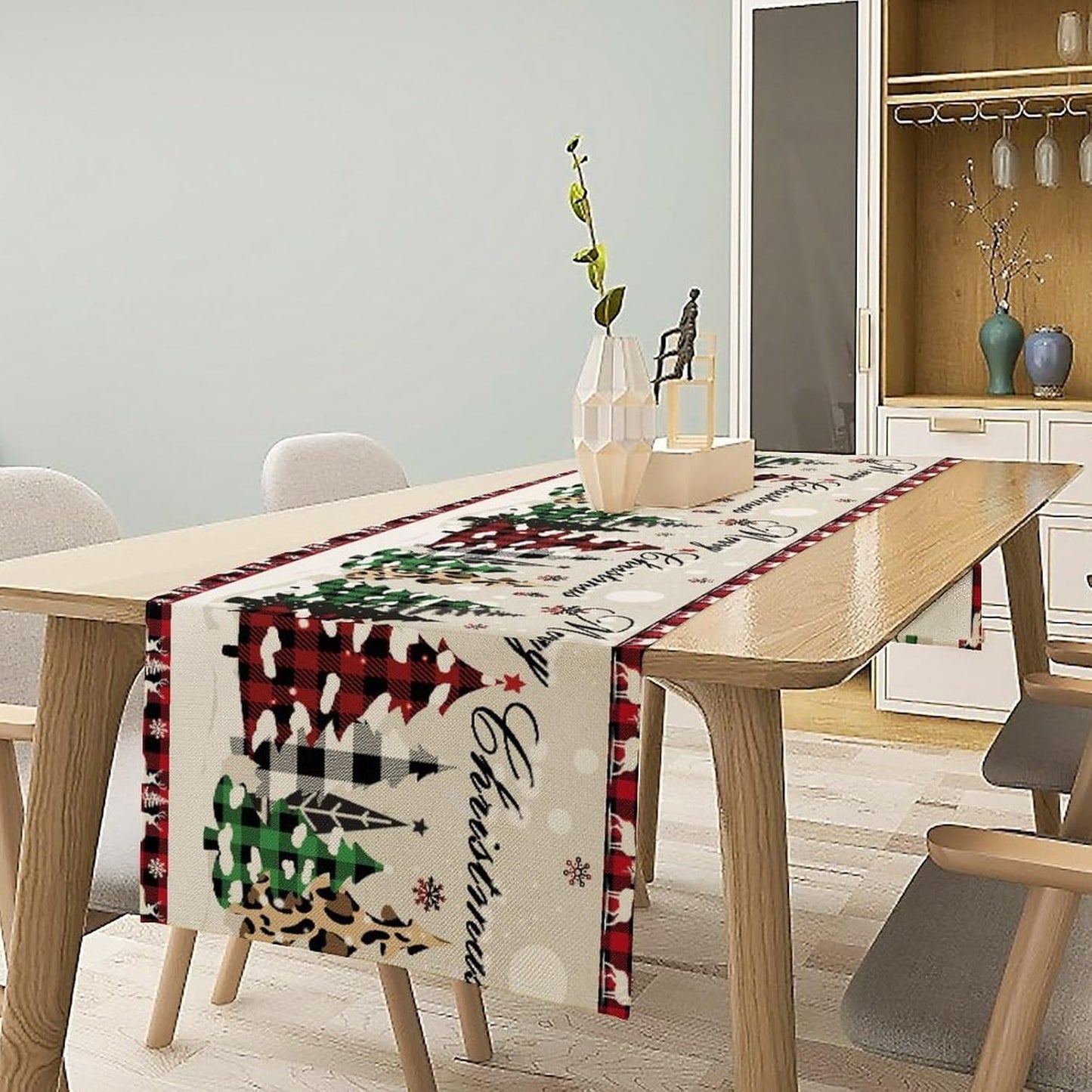 Christmas Tree Table Runner,Farmhouse Xmas Trees Buffalo Plaid Winter Snowflake Tablecloth Burlap for Hotel Indoors Outdoor Dining Room Kitchen Home Decor,W13X L60 in