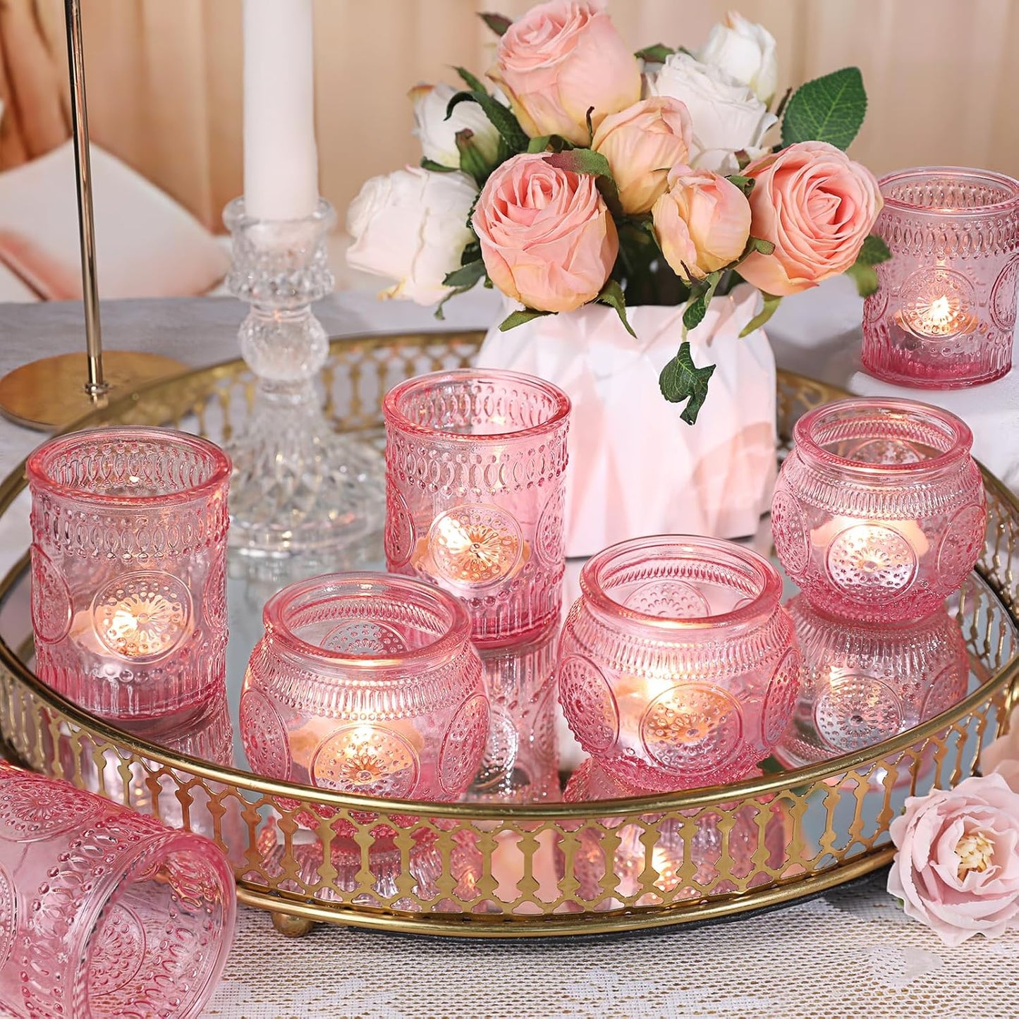 DARJEN 12Pcs Pink Votive Candle Holders - Glass Tea Light Candle Holder for Flameless LED Tea Waxes, Romantic Candle Holder for Wedding Decor, Various Parties & Dinner Table