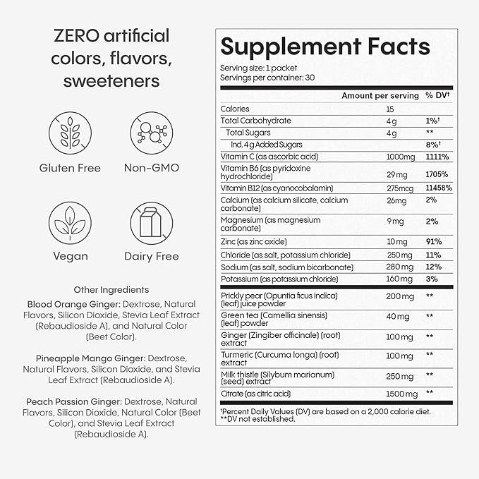 Hydralyte Liver Support + Electrolyte Mix with Milk Thistle, Turmeric, Ginger, Prickly Pear, Green Tea Extract Formulated for Rapid Rehydration (Variety Flavor, 30 Packets)