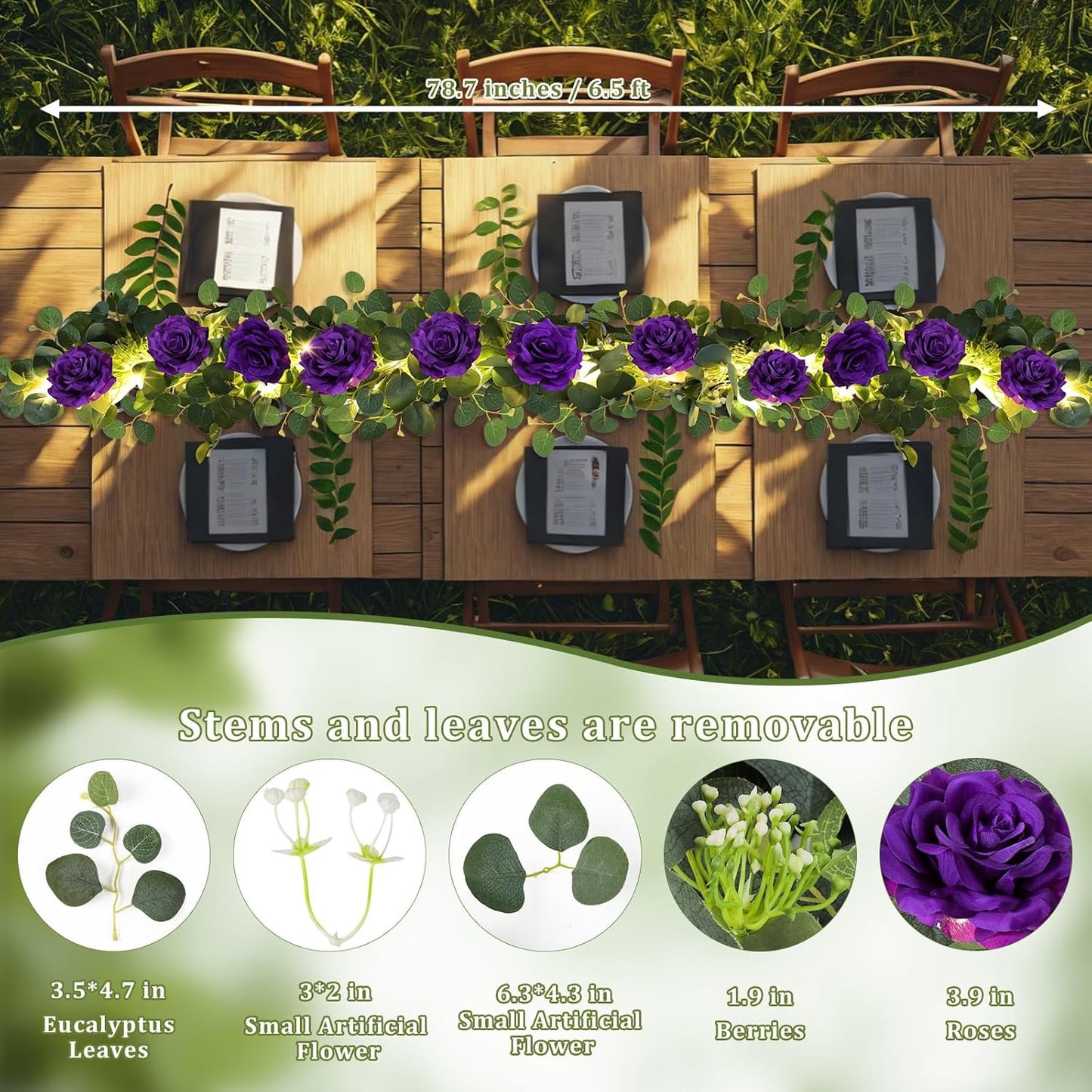 MACTING 4 Pack 26.4FT Eucalyptus Garland with Lights - Spring Gypsophila Flower Garlands with 48 Purple Roses Artificial Floral Greenery Vines for Arch Table Centerpieces Backdrop Party Wedding Decor