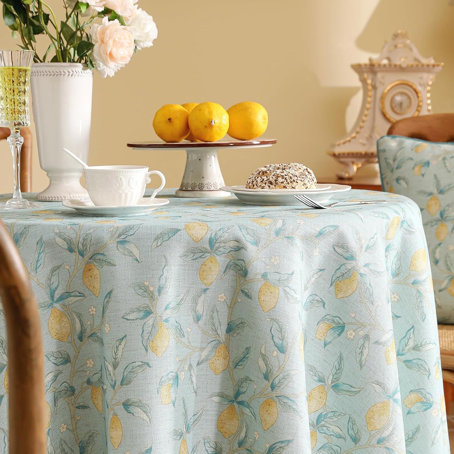 patdrea Designer Green Round Tablecloth,Vintage Linen Yellow Fruits Pattern Durable Table Cloth,Decor Table Cover Cloth for Kitchen Dining Christmas,Thanksgiving,Tea Party,Diameter 67"-Ania a