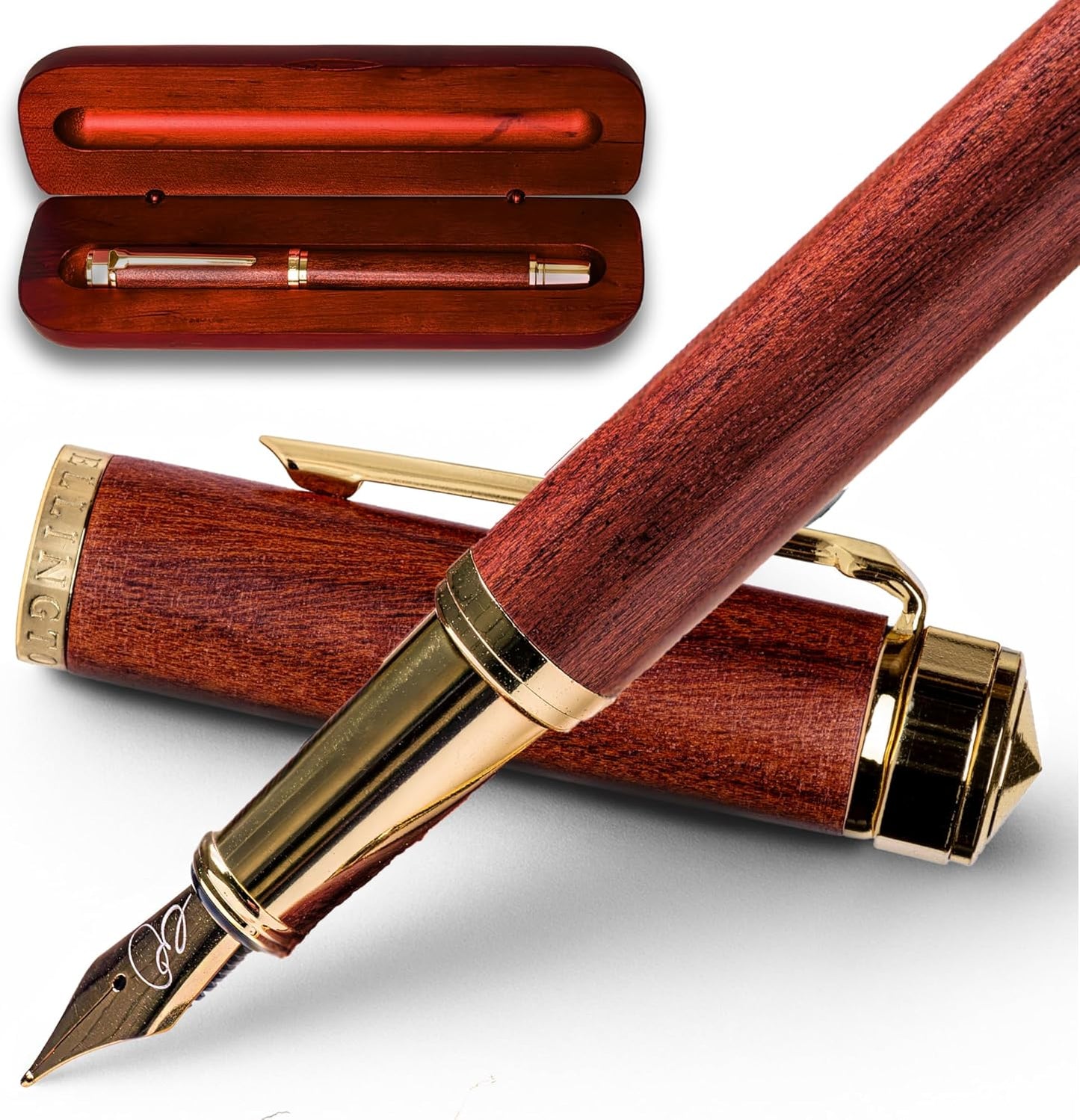 Ellington Pens Elegant Wood Fountain Pen Set – Includes Wooden Pen Box, Ink Converter, 6 Ink Cartridges, and Gift Box – Writing, Calligraphy