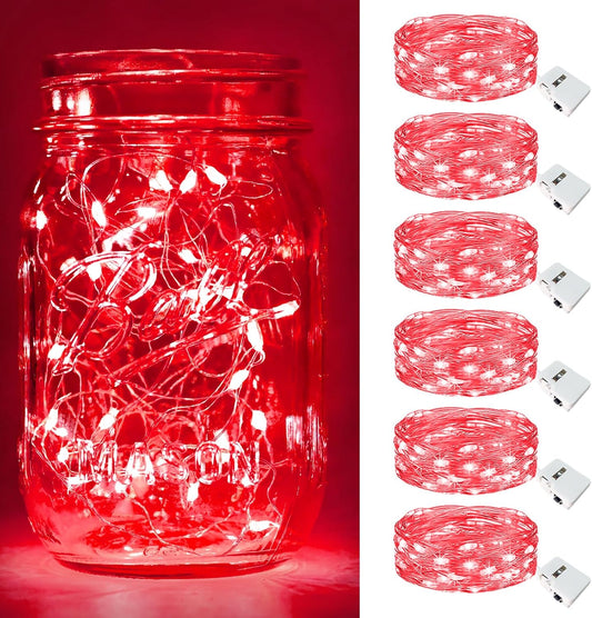 btfarm 6 Pack Fairy Lights Battery Operated [3 Modes], 7ft 20 Led Twinkle Lights String Lights Waterproof Bulk Small Mini Silver Wire for Christmas Mason Jars Wedding Table Centerpiece, Red