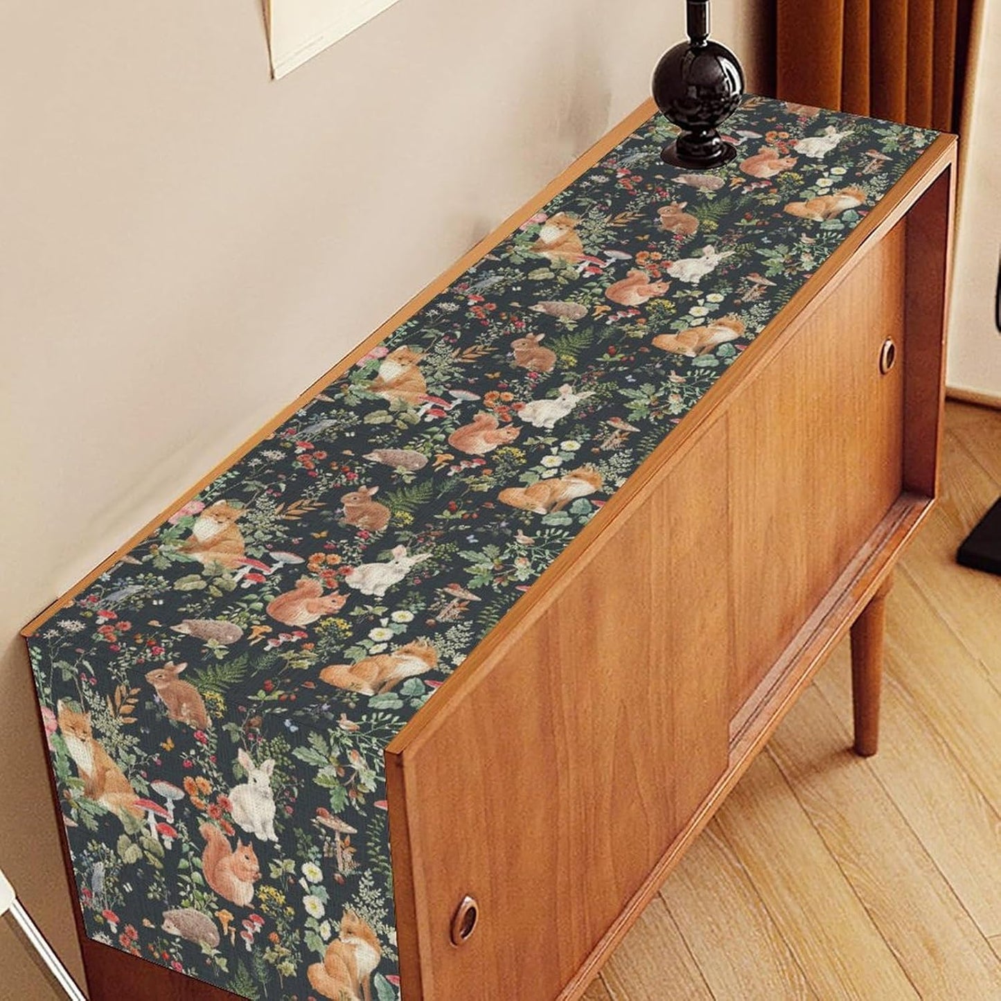 Rustic Woodland Table Runner, Farmhouse Forest Animals Mushroom Country Lodge Wild Fox Rabbits Table Center Decor for Home Kitchen Dining Patio Holiday Party Indoor Table Decorations, 13"x36" Inch