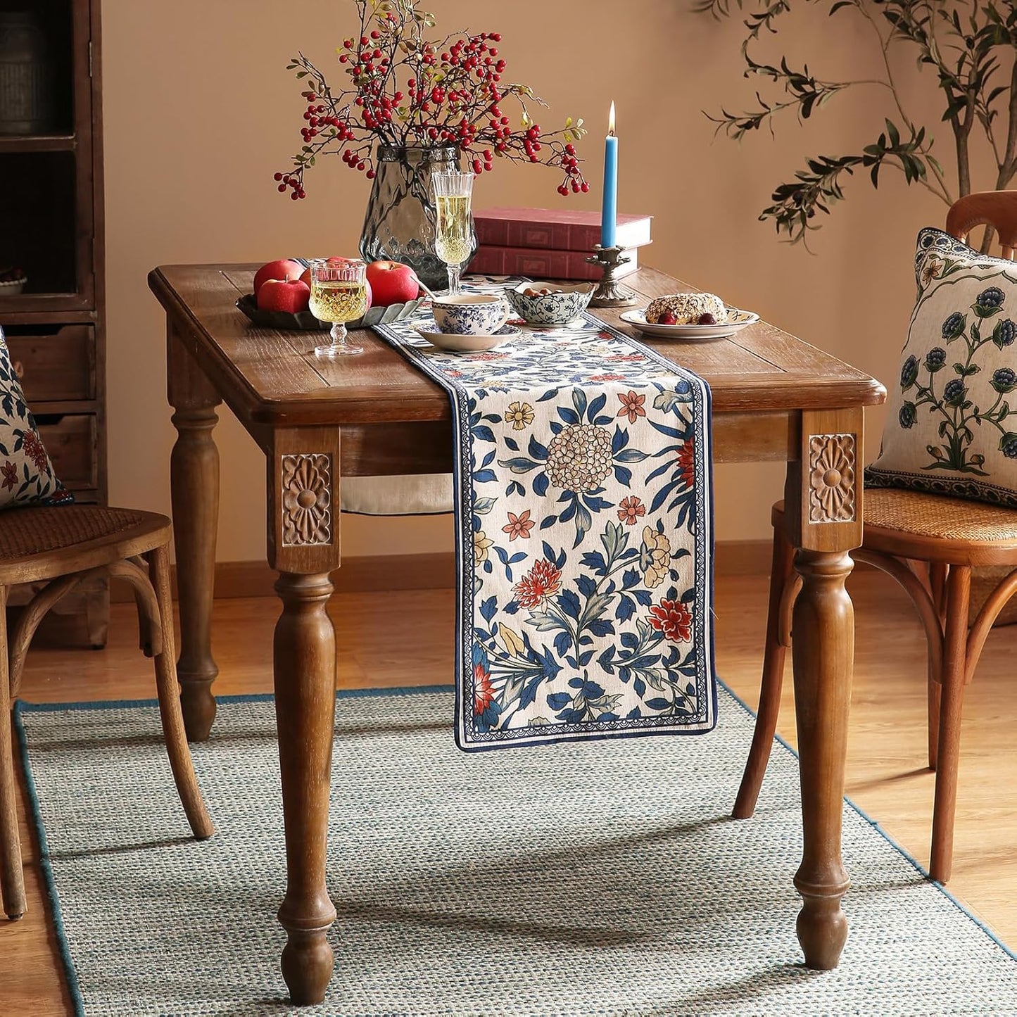 patdrea Designer Blue Cottage Rustic Floral Patterned Linen Table Runner 102 Inch Long,Wrinkle Resistant Table Mat,Decoration for Kitchen Dining and Coffee Tables Banquet Christmas ,12"x102"