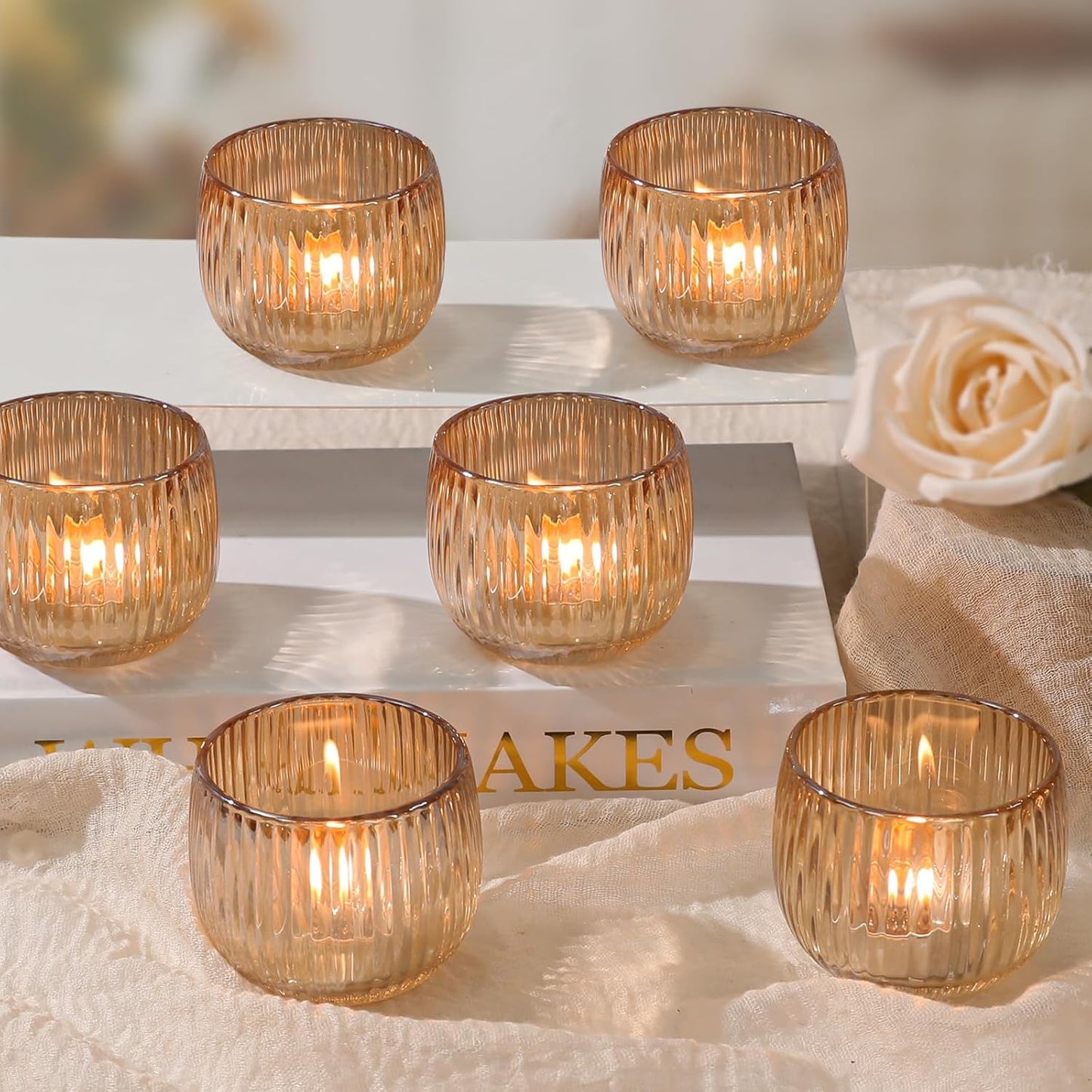 Set of 6 Ribbed Glass Votive Candle Holders, Gold Glass Tealight Holders for Taper Candles - Elegant Table Centerpieces for Weddings, Christmas, Parties, and Home Decor