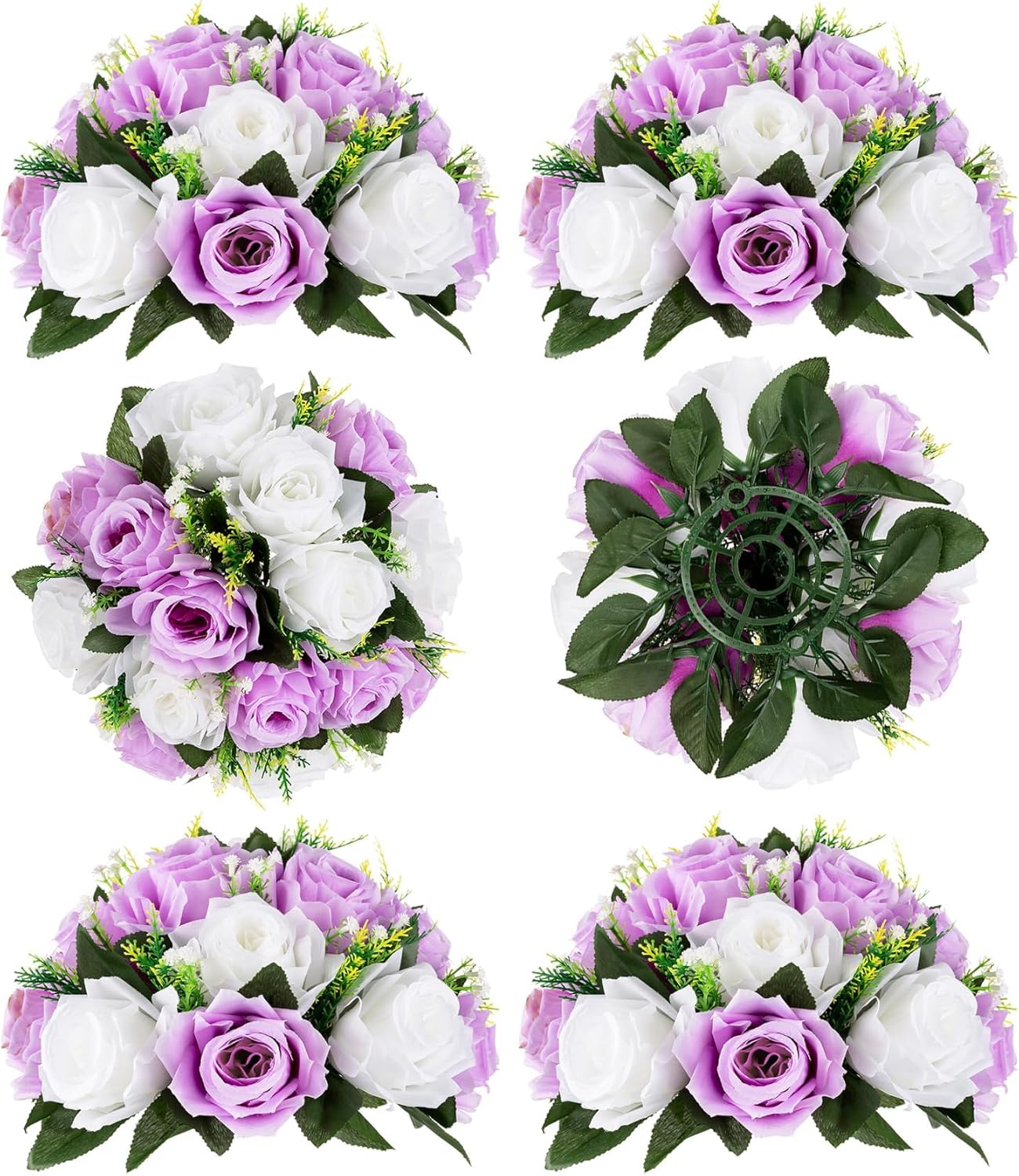 BLOSMON Purple Flowers Ball for Centerpieces: 6 Pcs Fake Lilac White Roses Flowers for Wedding Dinning Table - Faux Silk Kissing Bouquet with Base Floral Arrangement for Home Party Event Decor