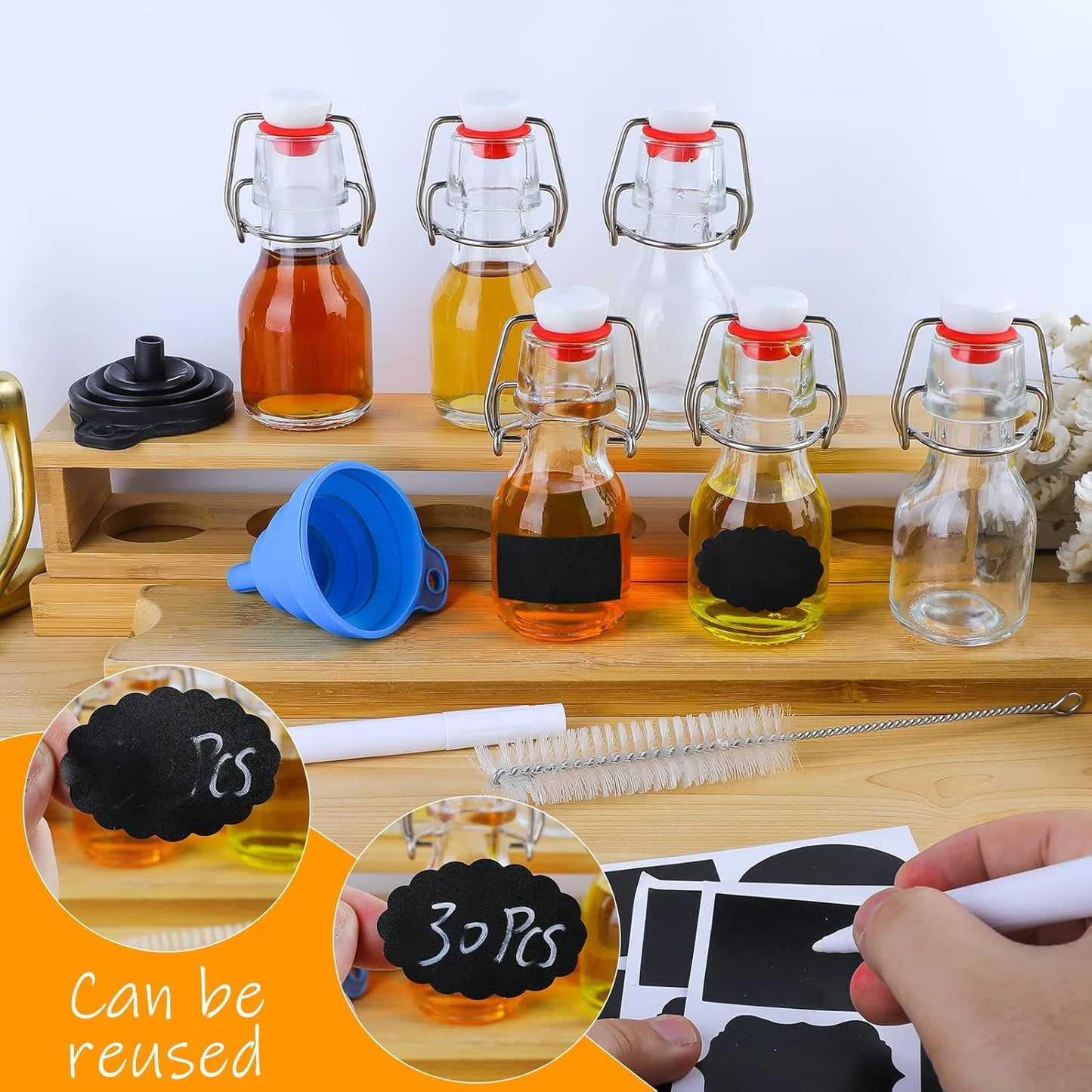 INFTYLE Swing Top Glass Bottles Set - 30 Mini Glass Bottles with Swing Top Lids for Homemade Drinks, Extracts, Candy, Crafts and Party Decor (30 Pcs-2oz)