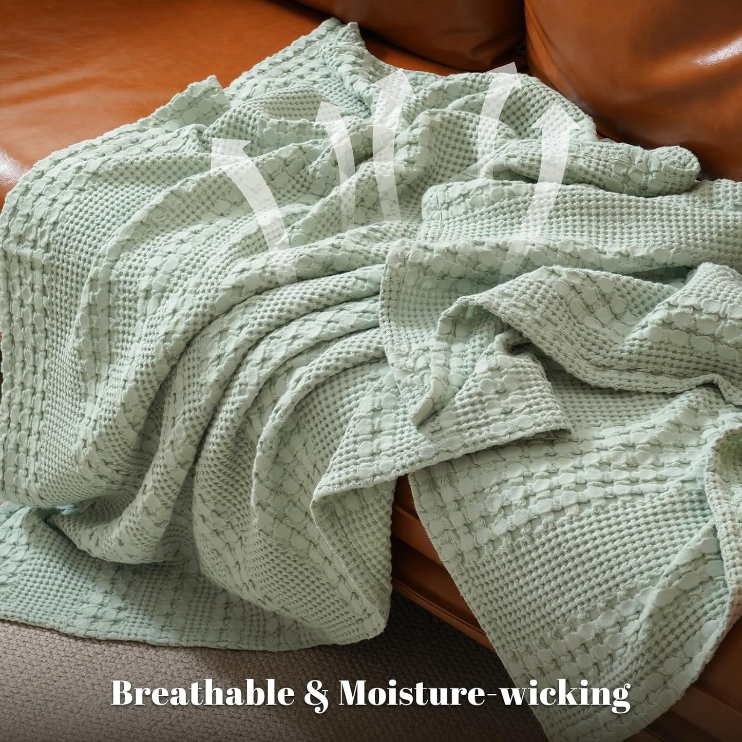 PHF 100% Cotton Waffle Weave Throw Blanket, Soft Lightweight Breathable Cozy Throws for Couch Bed Sofa, Luxury Aesthetic Woven Blanket for Home Decor & Office, 50"x60", Sage Green