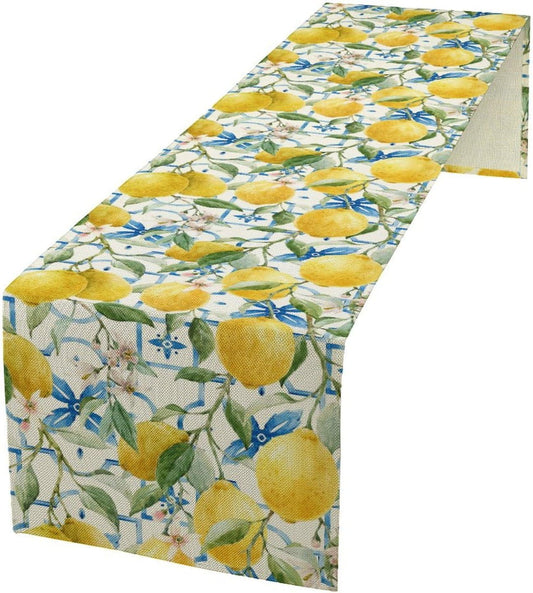 Lemon Table Runner,Watercolor Fruit Green Leaves Spring Summer Table Cloth Kitchen Dining Table Home Party Decoration 13x108 Inch
