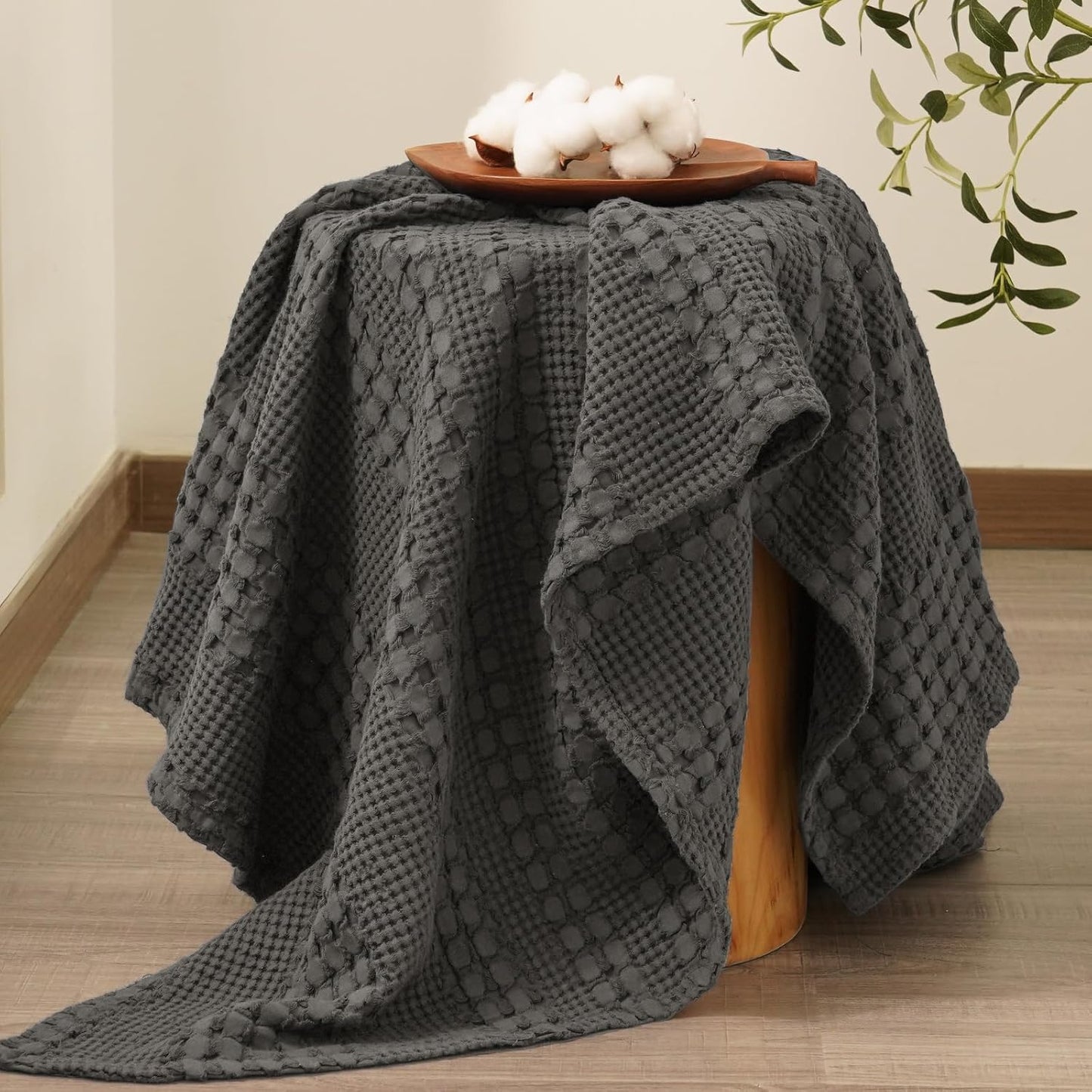 PHF 100% Cotton Waffle Weave Throw Blanket, Soft Lightweight Breathable Cozy Throws for Couch Bed Sofa, Luxury Aesthetic Woven Blanket for Home Decor & Office, 50"x60", Charcoal Grey