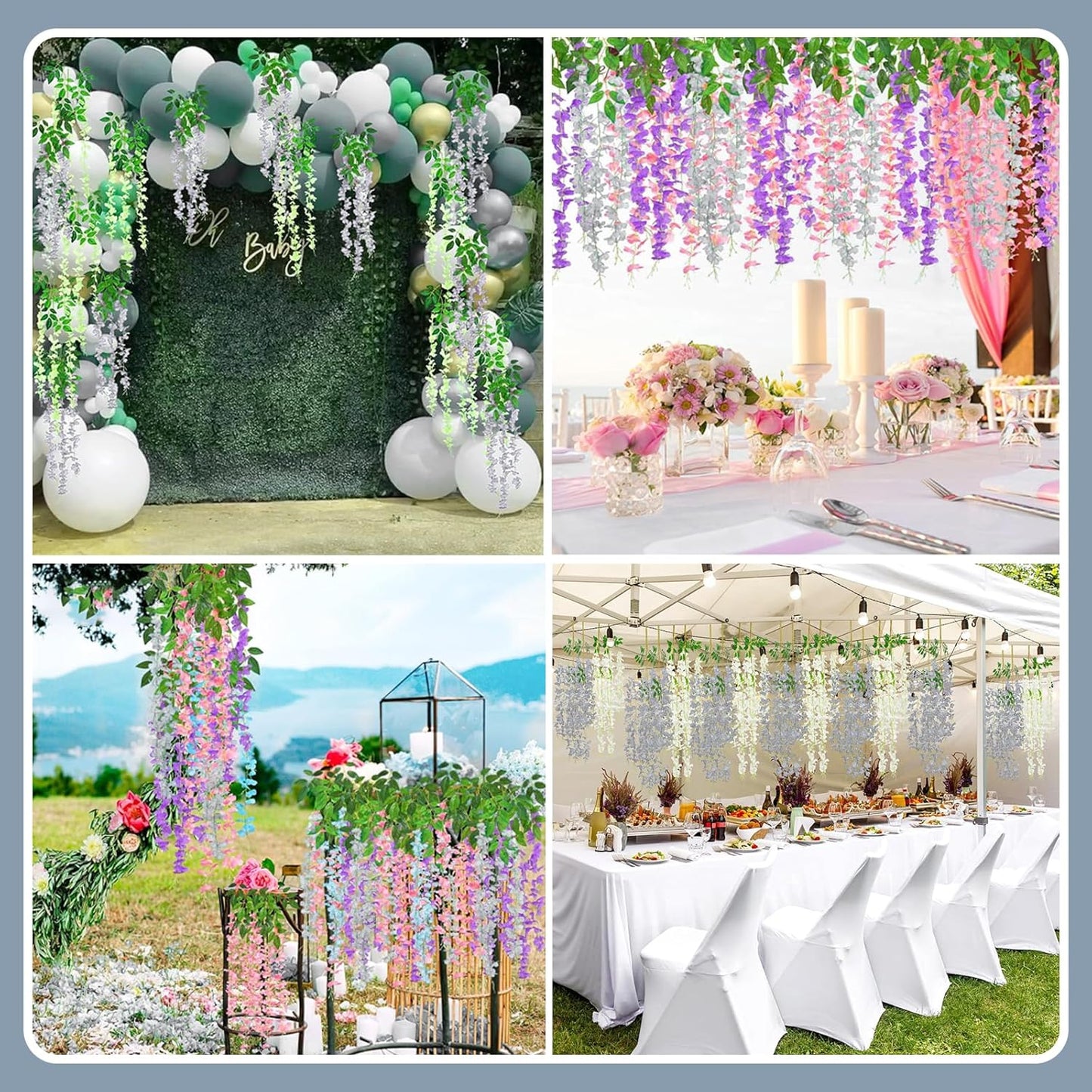 12 Pack Grey Wisteria Hanging Flowers Garland, 3.77 Feet Artificial Flower Vines, Fake Wisteria, Artificial Vines Hanging Garland for Backdrop Outdoor Yard Garden Decor