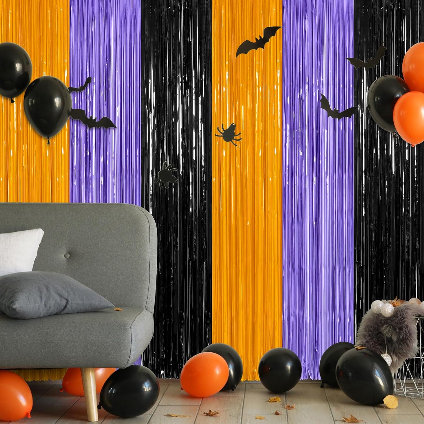 2 Pack Halloween Backdrop, 3.28 FT x 7.05 FT Foil Fringe Curtains, Orange Purple Black Party Streamer Tinsel Backdrop Curtains, Halloween Decorations Door Decor Photo Props Party Supplies