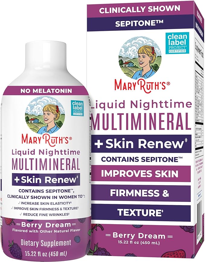 MaryRuth's Liquid Nighttime Liquid Multimineral + Skin Renew | Clinically Shown in Women to Reduce Fine Wrinkle & Improve Skin Firmness | Sepitone | NO Melatonin | Magnesium | Vegan | 15 Servings