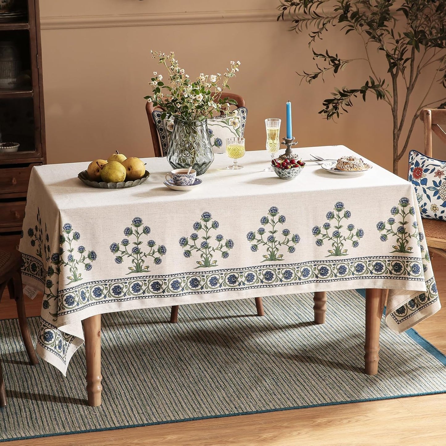patdrea Designer Linen Vintage Long Blue Rectangle Tablecloth,Leaves Pattern Anti-Wrinkle Floral Table Cloth,Table Cover Cloth Decor for Kitchen Dining,Christmas,Thanksgiving,Party,63"x94"-Ivar B