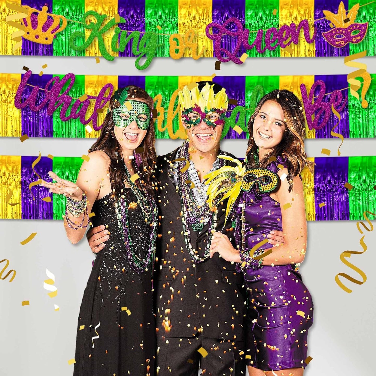 4 Pack 10 Ft Gold Green Purple Foil Fringe Garland Metallic Streamers Tinsel Banner Wall Hanging Garland Backdrop for Parade Floats, Halloween, Christmas, Thanksgiving, New Year Party Decorations