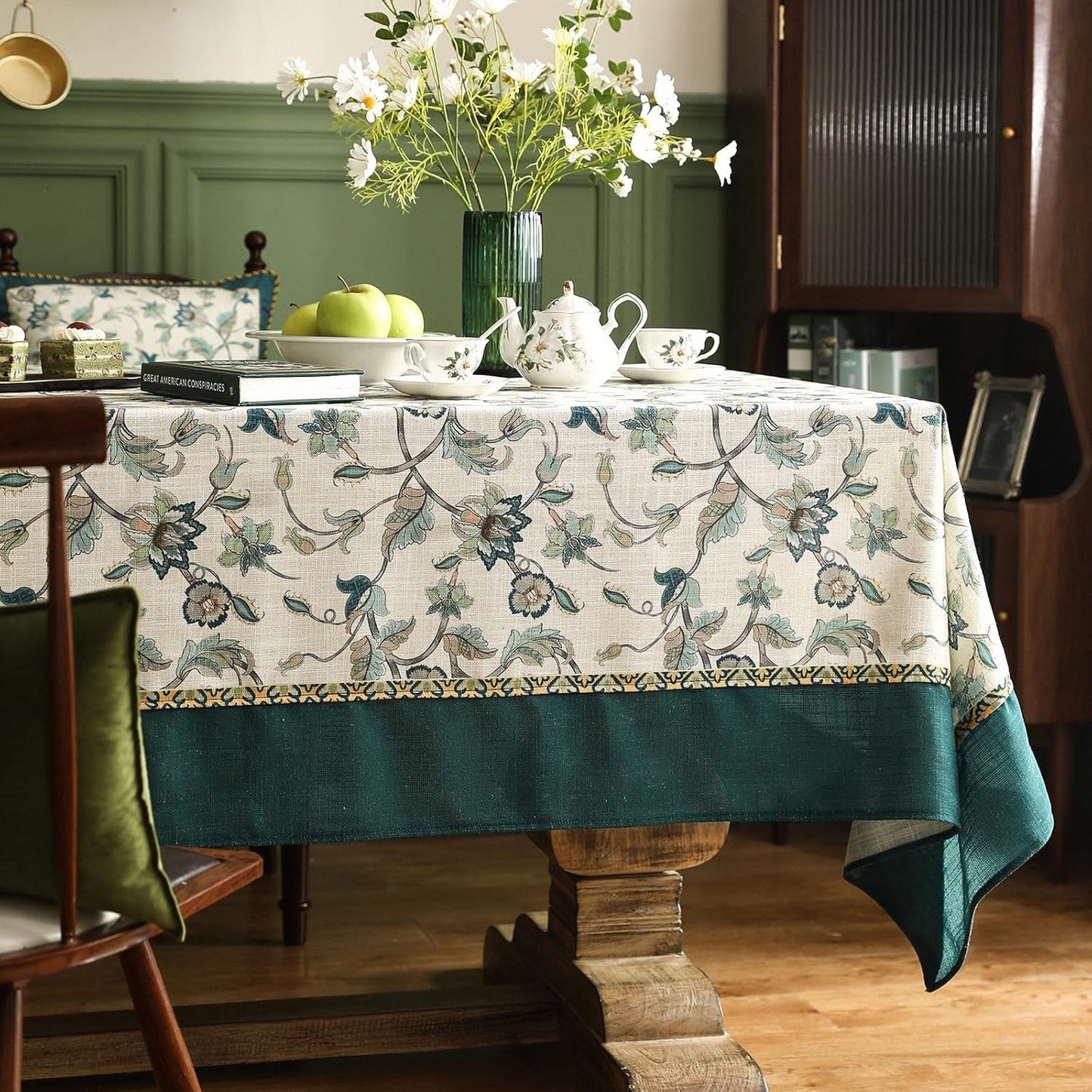 patdrea Designer Green Linen Extra Long Rectangle Tablecloth,Vintage Floral Pattern Breathable Table Cloth,Cover Decor for Kitchen Dining,Christmas,Thanksgiving,Holiday,Tea Party,63"x110"-Noah