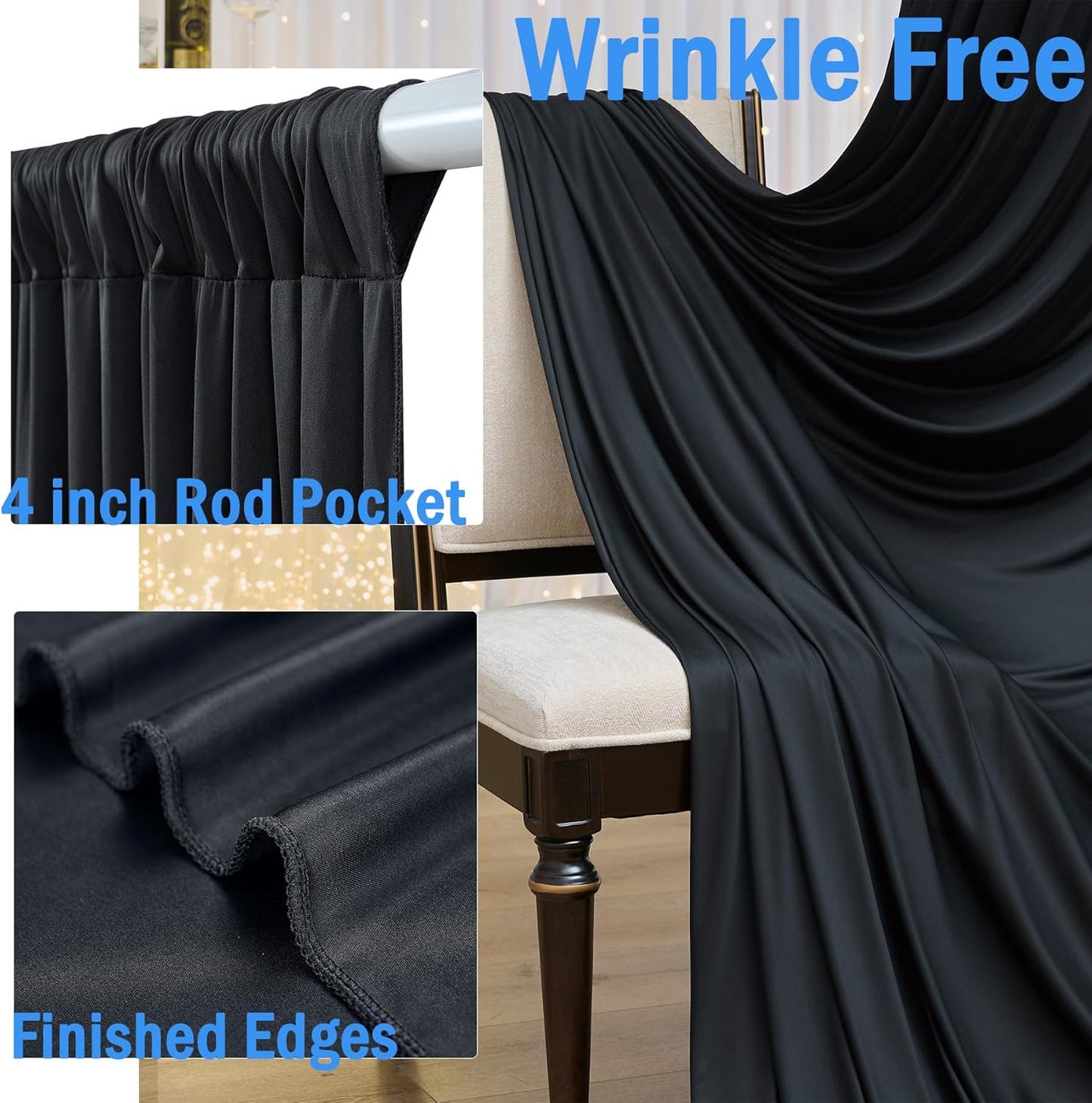 50ftx10ft Wrinkle Free Black Backdrop Curtain for Parties, 10 Panels 5x10ft Silky Photo Backdrop Drapes Back Drop Cloth for Wedding Birthday Photography Background Photoshoot Decor