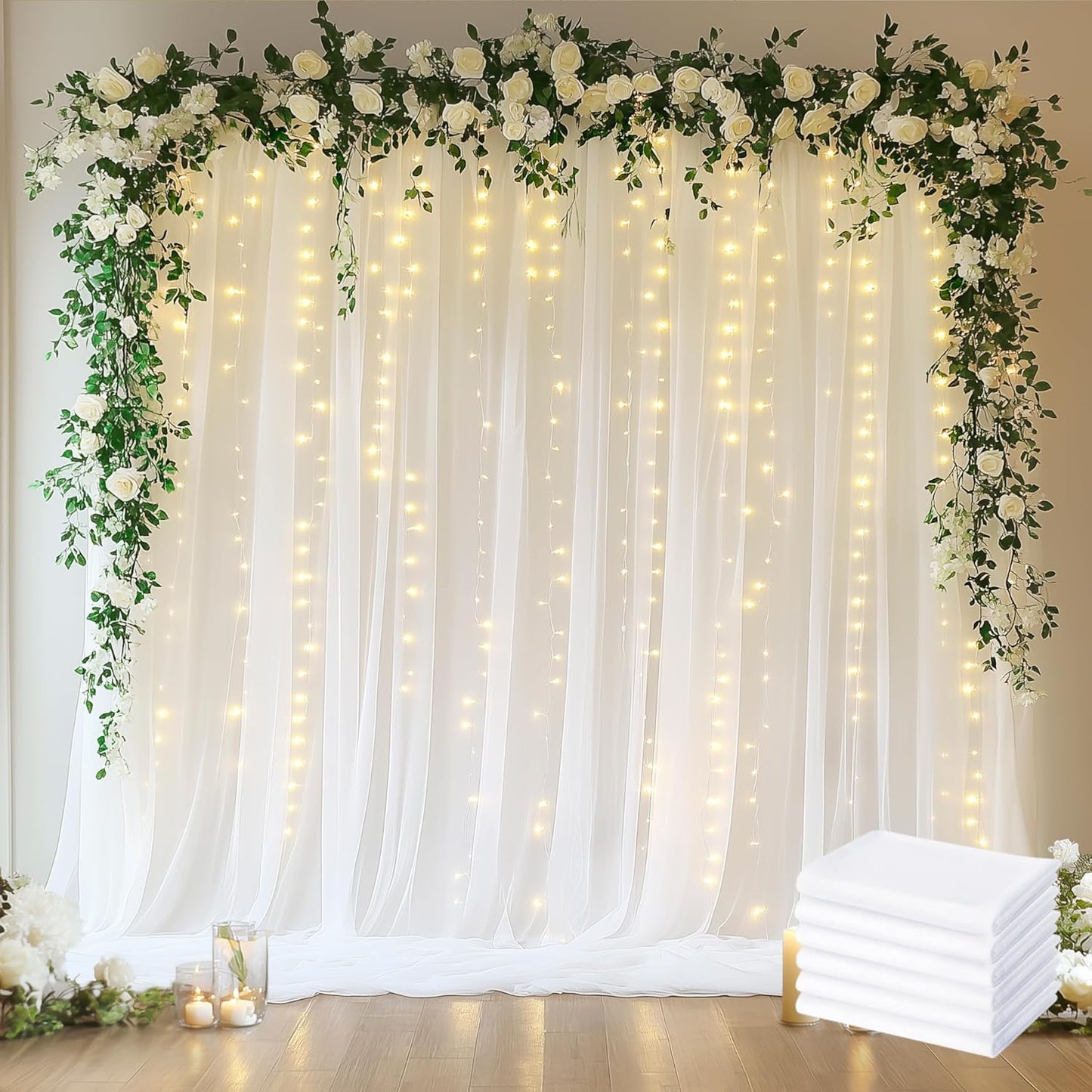 Fomcet Tulle Curtains with Lights String White 30FT X 10FT Sheer Backdrop Curtains for Parties Wedding Baby Shower Photo Shoot Decorations (6 Panels 5 x 10FT)