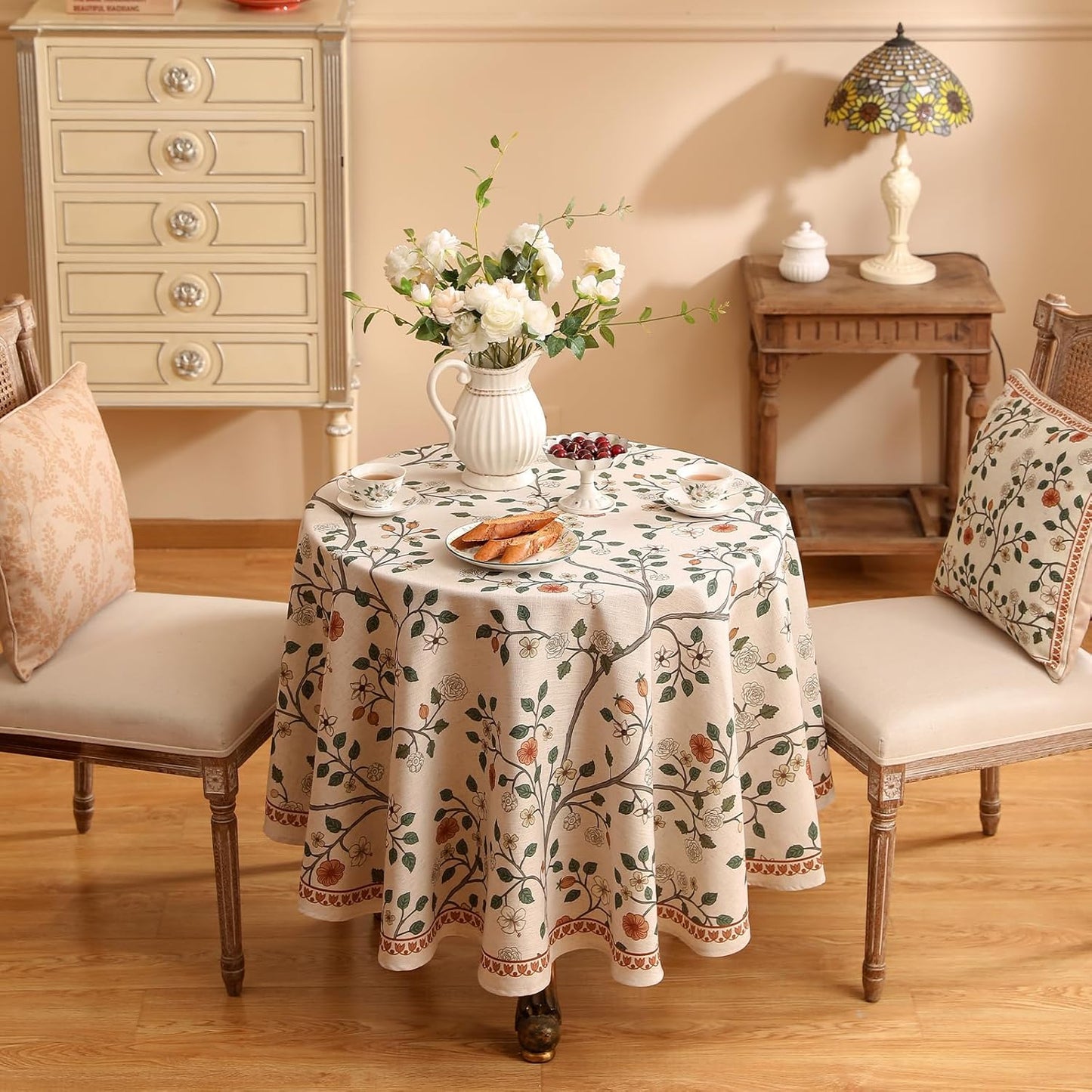 ISAENNE Designer Floral Small Round Tablecloth,French Linen Light Beige Indoor Table Cloth,Fall Wrinkle Resistant Decor Tablecloths for Dining Thanksgiving Kitchen Party,Diameter 55"-Flora A