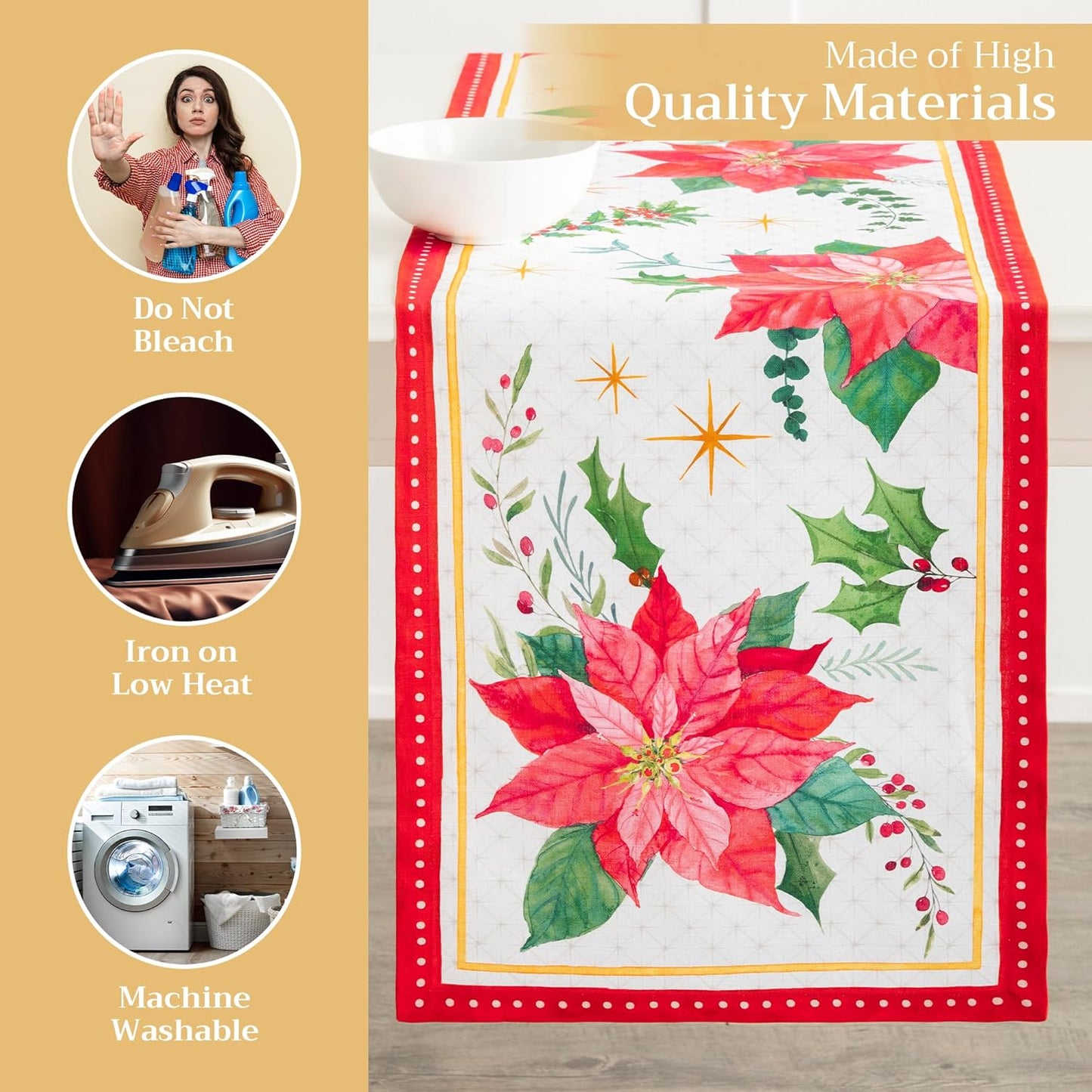 Maison d' Hermine Table Runner 100% Cotton Single Layer Table Runners 108 inches Long for Thanksgiving Christmas Decorations Home Kitchen Dining Party Wedding (Poinsettia Christmas, 14.5" x 108")