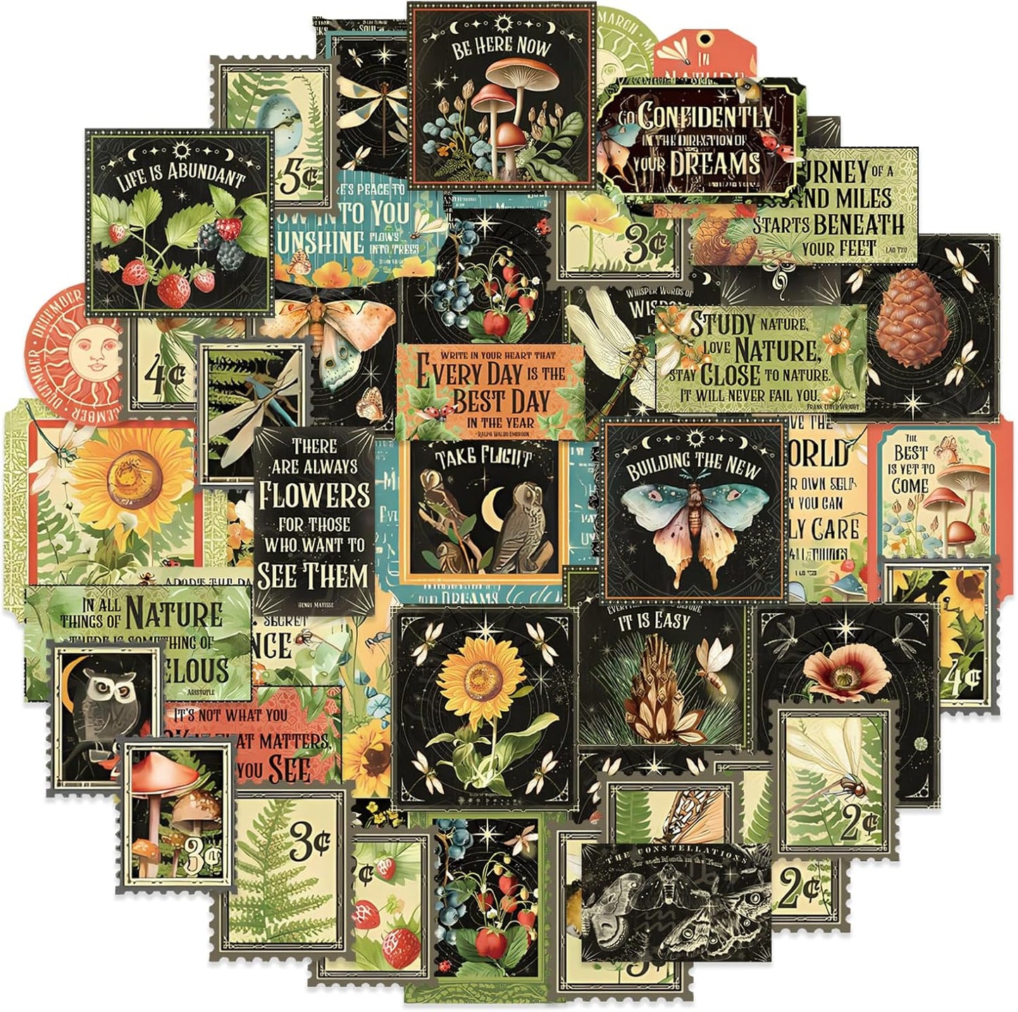 100 Pcs Postage Stamp Stickers, Aesthetic Insect Plants Decorative Stickers for Scrapbooking Bullet Journaling Planners DIY Calendars Notebook Junk Journal
