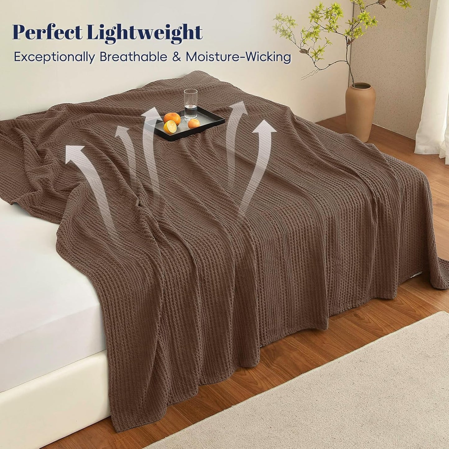PHF Lightweight Waffle Weave Blanket Queen Size, Breathable & Ultra Soft, 90"x 90" Soft & Cozy Thin Blanket for All Season & Hot Sleepers, Bed, Home Decor - Cocoa Brown