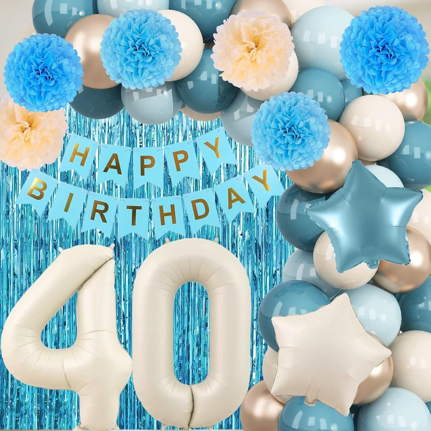 Dusty Blue 40th Birthday Party Decorations for Women Men Beige Cream Number 40 Balloon with Blue Gold Happy Birthday Banner Fringe Curtain Paper Pom Poms Nude White Sand Champagne Star Foil Balloons