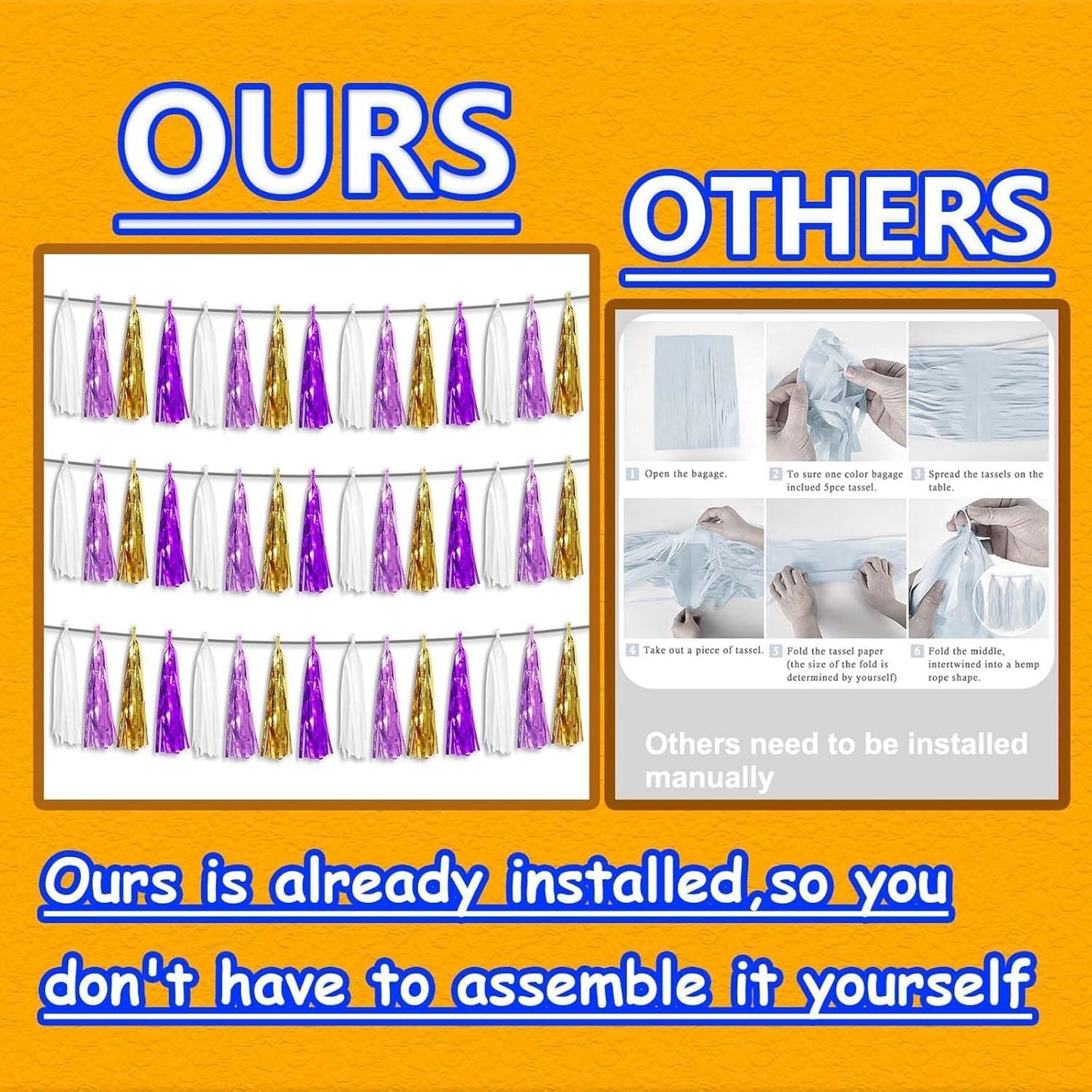 3P Metallic Fringe Tassel Banner Garland Foil Tinsel Streamer Wall Hanging Curtain Backdrop Banner for Parade Floats, Graduation, Carnival Mardi Gras Party Decorations(Gold Purple)