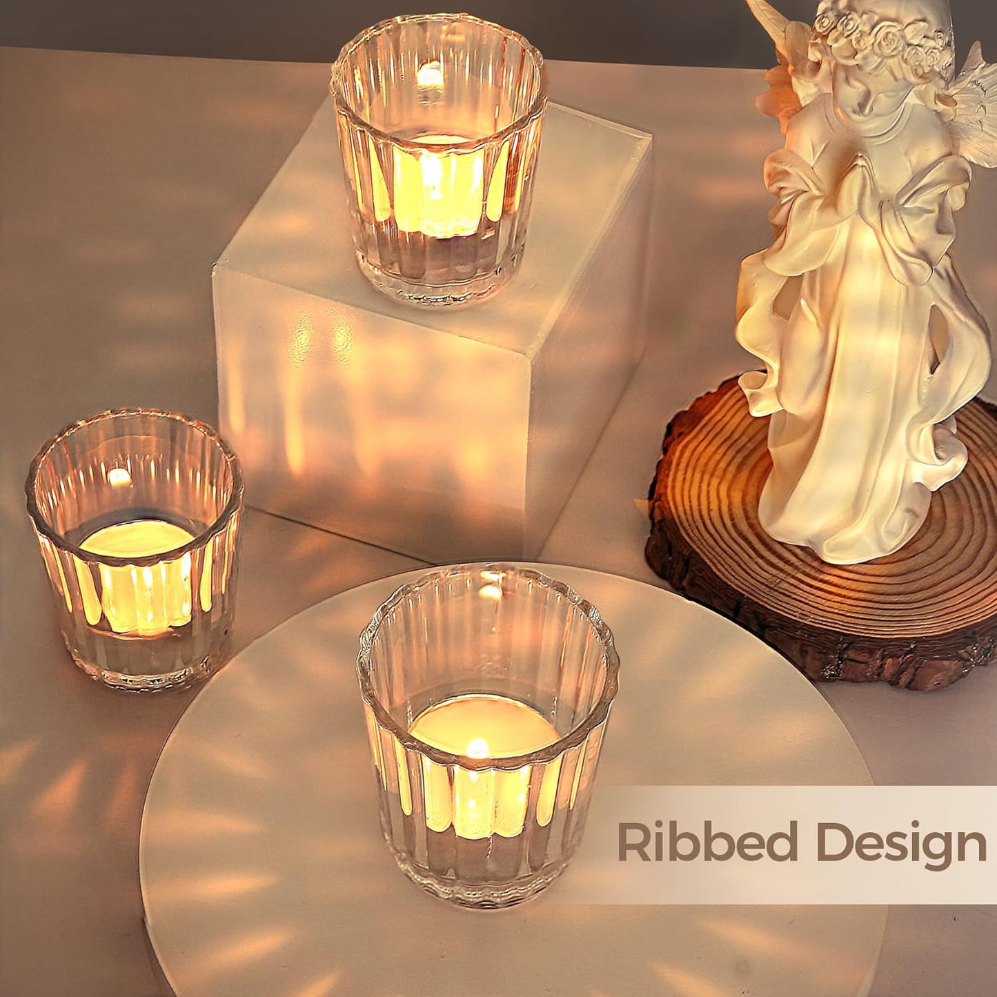 ComSaf Votive Candle Holders, 12 PCS Glass Candle Holders, Ribbed Tealight Candle Holder for Table Centerpieces, Clear Candle Holder for Wedding, Home Decor, Party, Baby Shower, Special Occasions