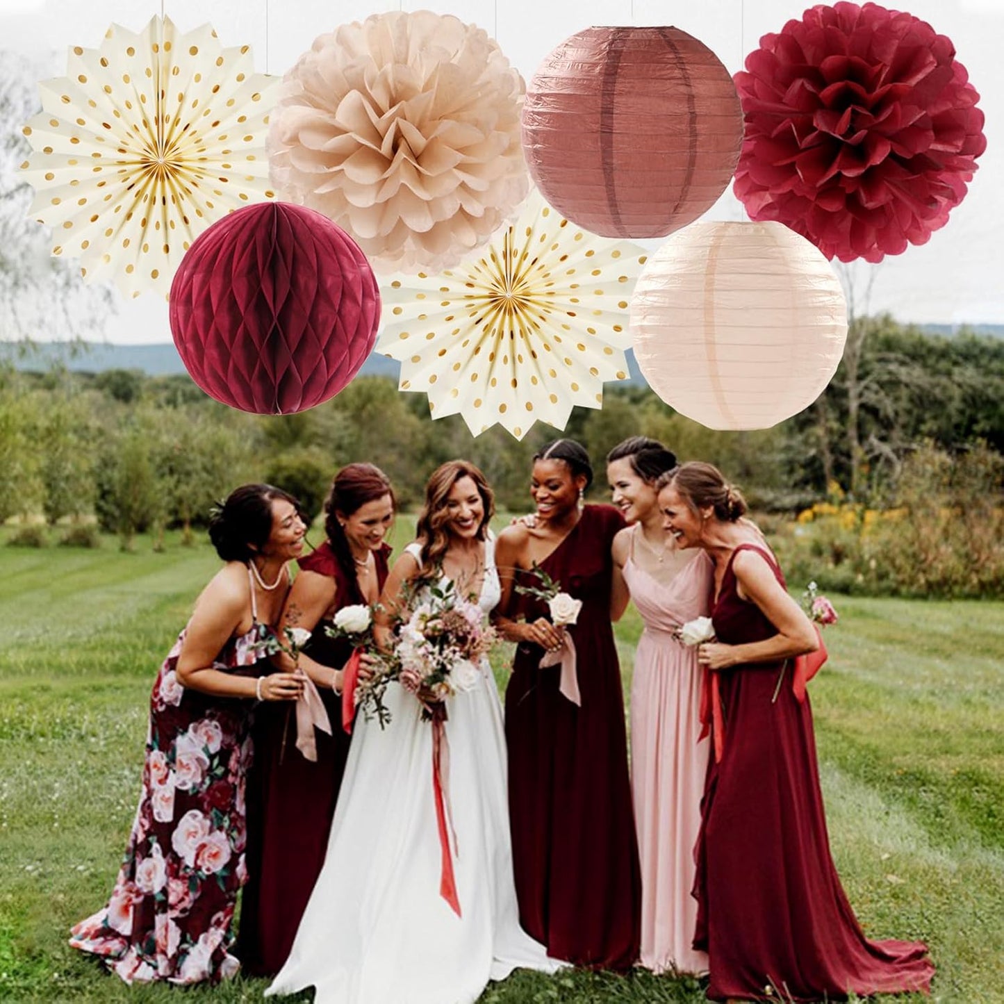 Brown Burgundy Champagne Boho Party-Decorations - 14pcs Rustic Wedding Paper Lanterns Fan,Tissue Pom Poms Streamers,Honeycomb,Fall Autumn Birthday Baby Bridal Shower Engagement Decor Lasting Surprise
