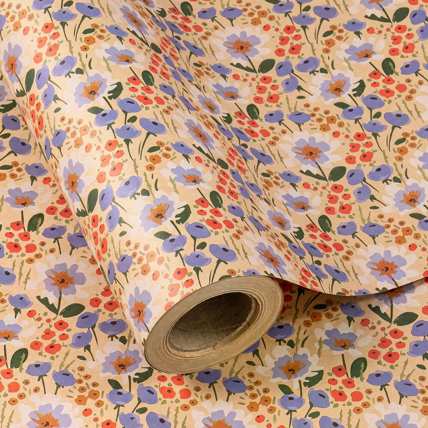 WRAPAHOLIC Kraft Floral Wrapping Paper Roll - Mini Roll - 17 Inch x 16.5 Feet - Watercolor Flower Wrapping Paper, Perfect for Wedding, Birthday, Bridal Shower, Tea Party